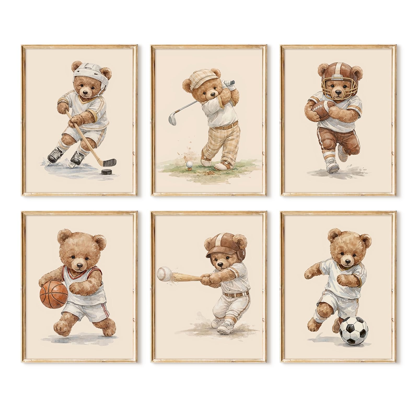 Joocrise Nursery Teddy Bear Wall Decor Boy Room Wall Art Baby Canvas Prints Vintage Sports Decor Pictures Teddy Bear Poster Nursery Painting for Playroom Bedroom 12x16 Inch Unframed Set of 6 16"L x 12"W Teady Bear Art