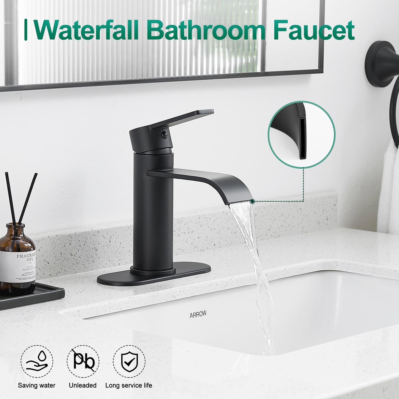 VOTON Mattschwarzer Wasserfall-Badezimmer-Wasserhahn, Einhebel-1- oder 3-Loch-Wasserhahn mit Deckplatte und Pop-Up-Ablauf, Wohnmobil-Waschtischarmatur