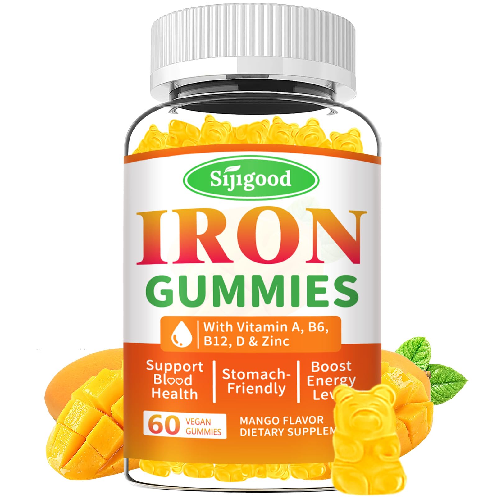 Iron Gummies for Women & Men - Vegan Iron Supplement for Anemia & Iron Deficiency, with Vitamin B12, Vitamin C, Zinc, Folate - Energy Boost, Sugar-Free, Mango Flavor, 60 Count Mango 60 Count (Pack of 1)
