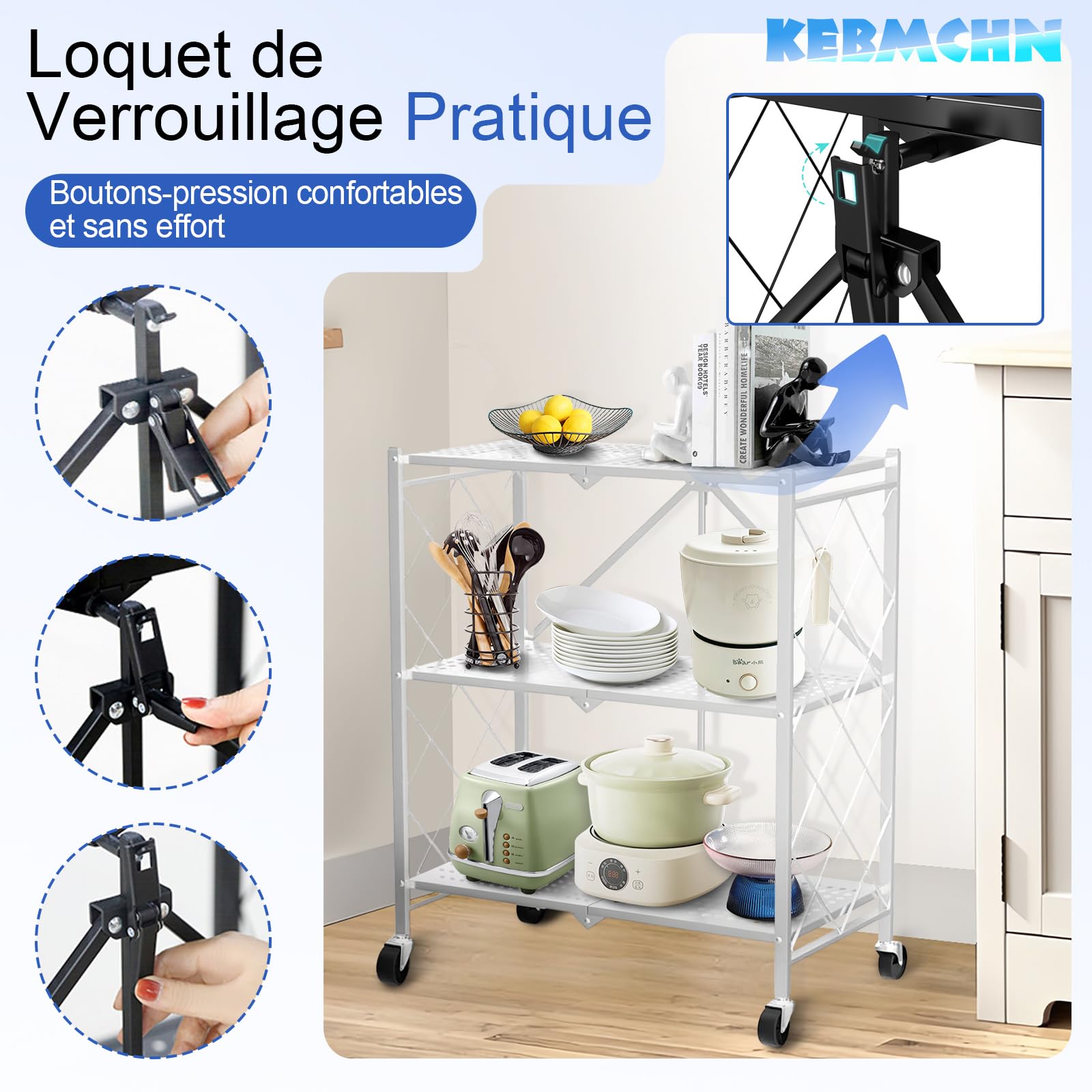 Étagère de Rangement 3 Étage Métallique Pliable avec roulettes, Tablette Autoportante, Chariot de Stockage Pliable 71,5 x 36,5 x 87 cm pour Cuisine, Bureau ou Buanderie (Blanc)