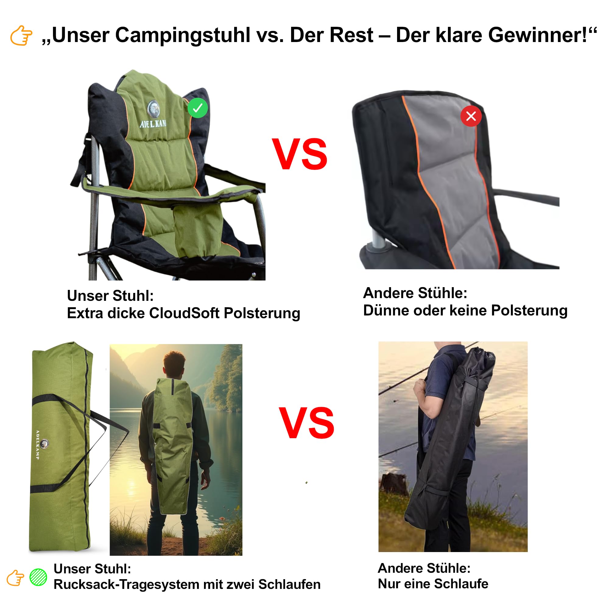 Campingstuhl Faltbar [Dick gepolstert] Ultragroß | Hoher Komfort | 150kg Belastbar | Mit Kühltasche & Getränkehalter – Testsieger 2024, Luxus Premium, Olivgrün