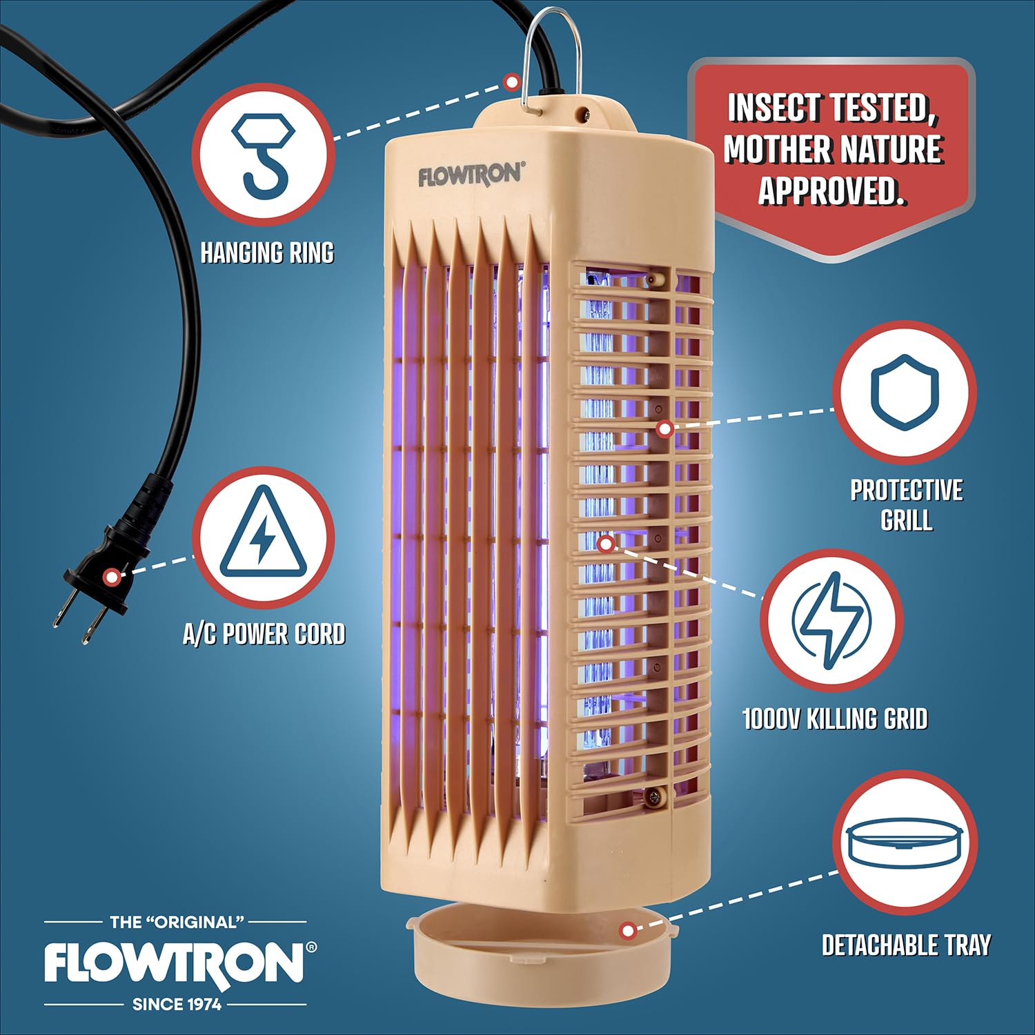 Flowtron Insektenvernichter für den Innenbereich (Beige) – 1000 V elektrischer Insektenvernichter mit UV-Licht – 215 m² Abdeckung – Plug-in-Fliegen- & Mückenfalle für Schlafzimmer, Küche & Büro