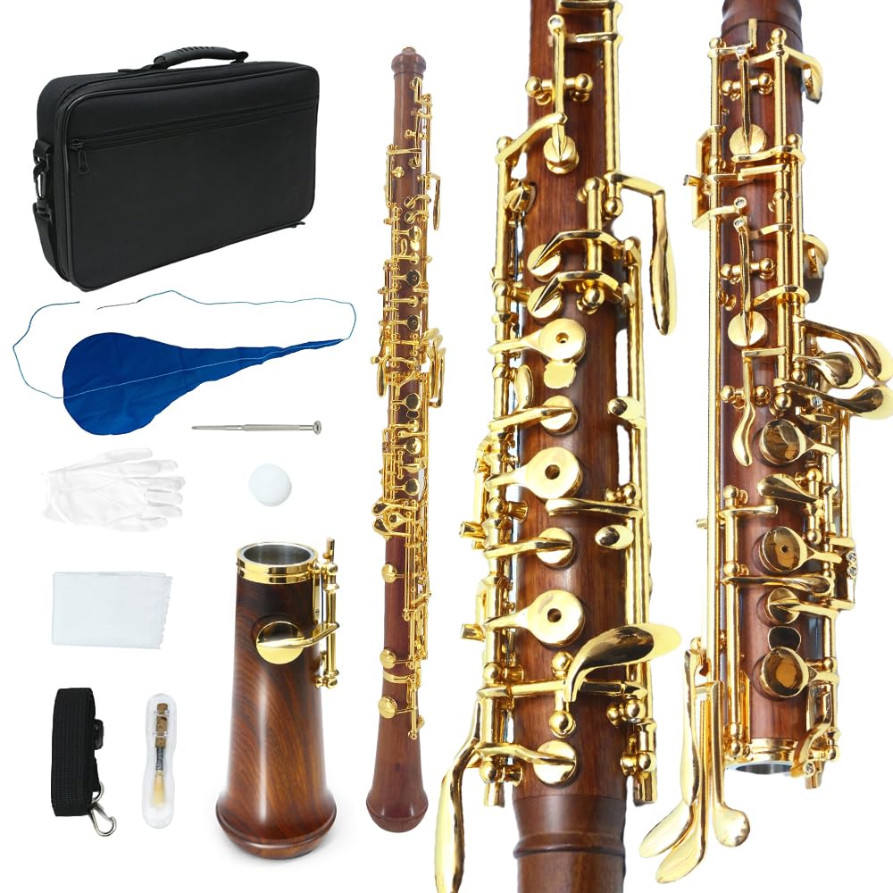 Yinfente Professional Oboe Gold Plated Rosewood C Key Left F Resonance Semi-Automatic Woodwind Instrument With Oboe Accessories