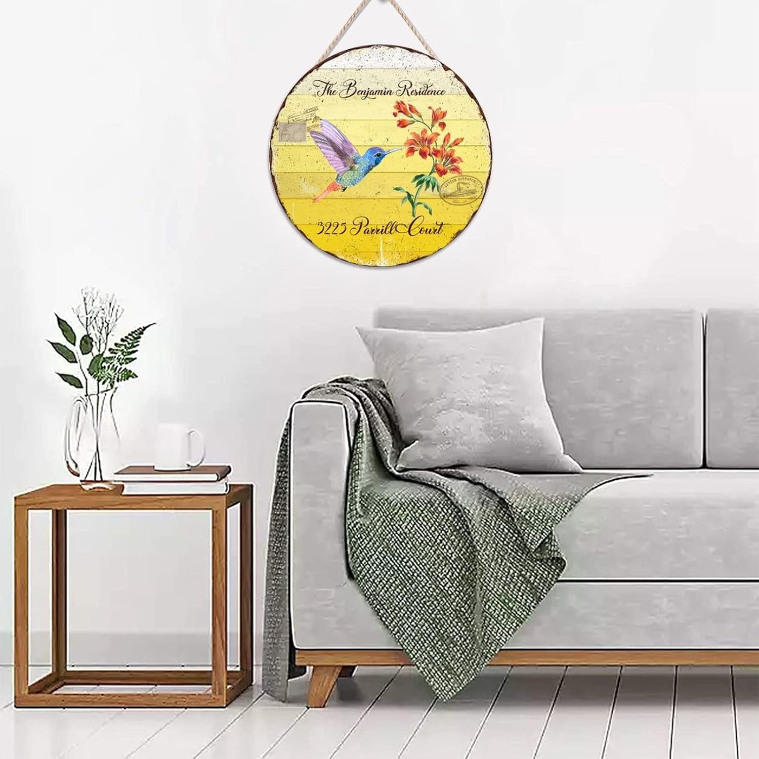 Custom Name Home Address Hummingbird Wood Door Sign, Vintage Funny Front Door Sign, 16" x16" Vintage Wall Door Hanging Sign Retro Decor for Outdoor Front Porch Farmhouse Housewarming Gifts