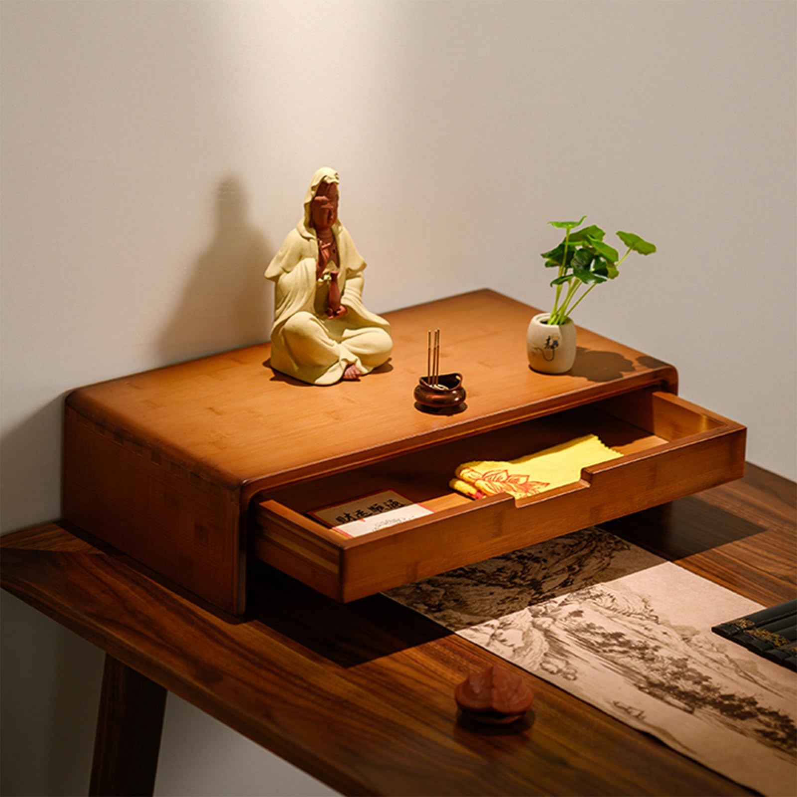 NHPJFDC Meditation Altar Table With Retractable Drawer,Buddhist Prayer For Small Spaces,Bamboo Altar Cabinet, Pooja Mandir Meditation Table For Home Shrine Rituals,Mortise-and-Tenon Legs