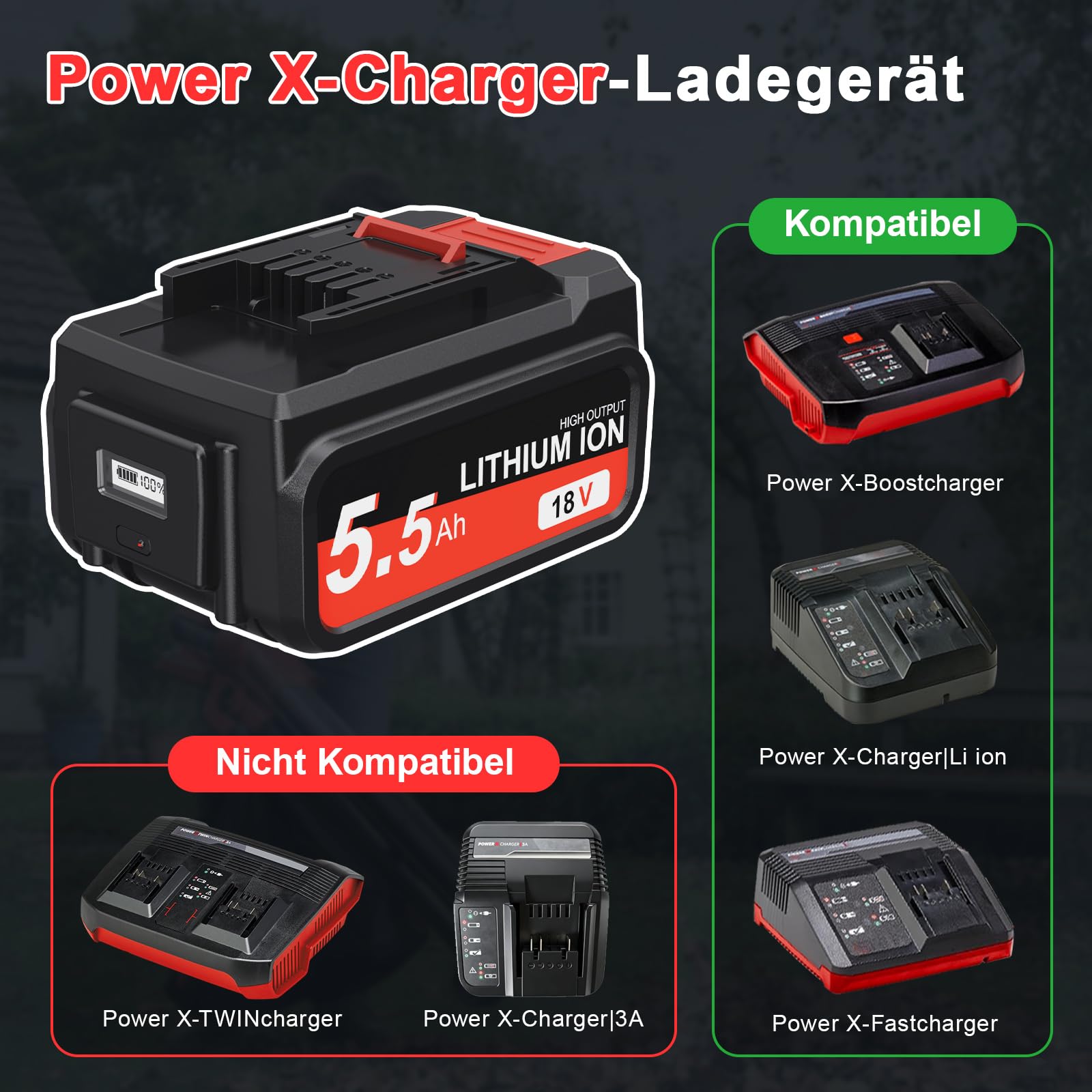 2 Stück 5.5Ah 18V Ersatz akku für Einhell Akku für Power X-Change Geräte, Li-Ion 18V mit LED-Leistungsanzeige Kompatibel mit Allen PXC-Geräten