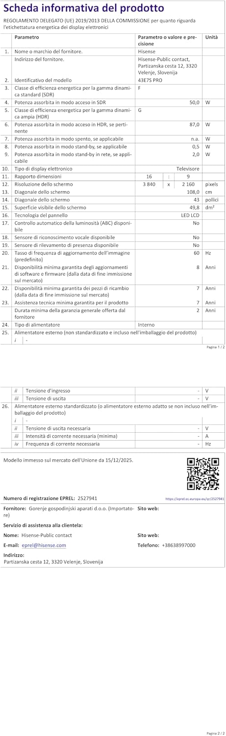 Hisense 43E7S PRO EPREL Information Sheet