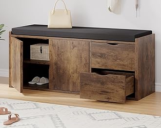 LVB Entryway Shoe Bench, Rustic Storage Bench with Cushioned Seating, Long Hidden Shoe Organizer Bench with 2 Drawers, Industrial Wooden Shoe Benchs in Hallway Living Room Bedroom, Rustic Brown, 40in