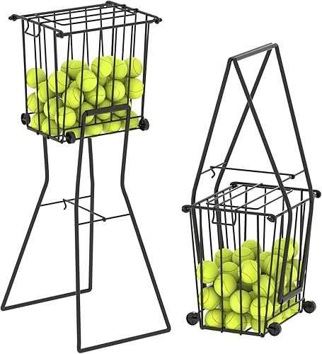 Tennis Ball Hopper- Foldable Ball Caddy Holder Pickleball Collection Pick-Up Basket with Wheel