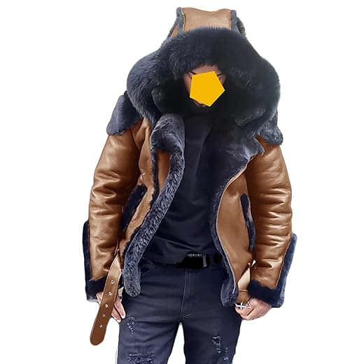 Letuwj Jaqueta masculina de couro sintético forrada com lã, jaqueta bomber de motociclista com zíper e capuz