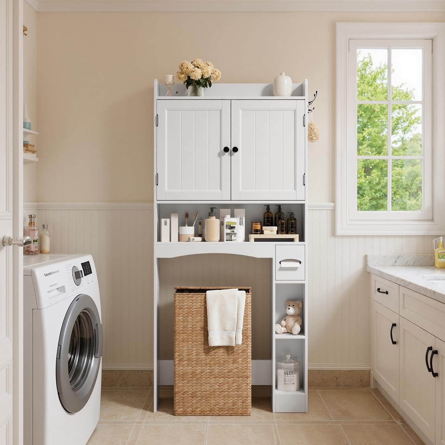 Xbro Armario sobre Inodoro, Mueble sobre Inodoro con Doble Puerta, Portarrollos de Papel Higiénico y Estante Ajustable, 82 x 20 x 179 cm, Blanco