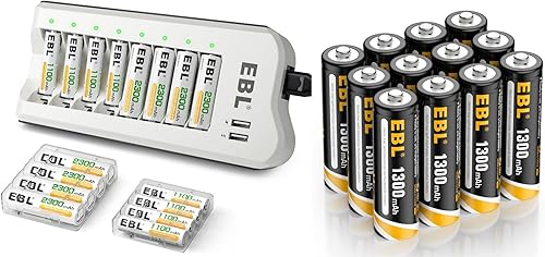 EBL Cargador de batería inteligente con 2 puertos de carga USB y pilas recargables AA AAA Combo