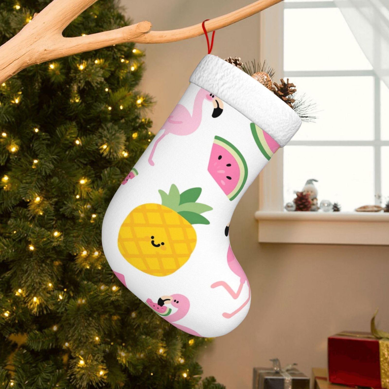 Velvet Christmas Stockings 17.7 Inch, Flamingo Watermelon Pineapple Xmas Stocking with Soft Cuff,Classic Personalized Christmas Tree Decoration for Family Holiday New Year Party Supplies