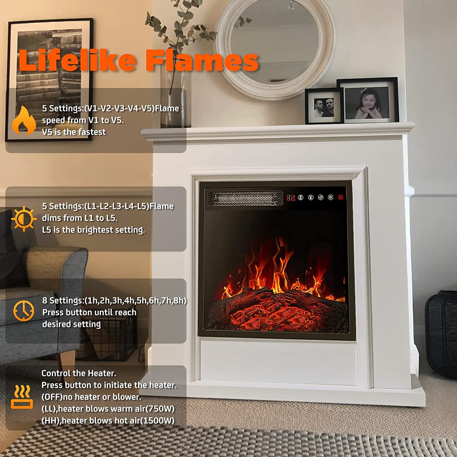 Amazon.com: BOSSIN 32 Electric Fireplace Mantel with 18 inch 1500W  Electric Fireplace Insert, Package Freestanding Fireplace Heater,White  Wooden Firebox Faux Log u0026 Led Flames, Touch Screen u0026Remote Control : Home u0026  Kitchen