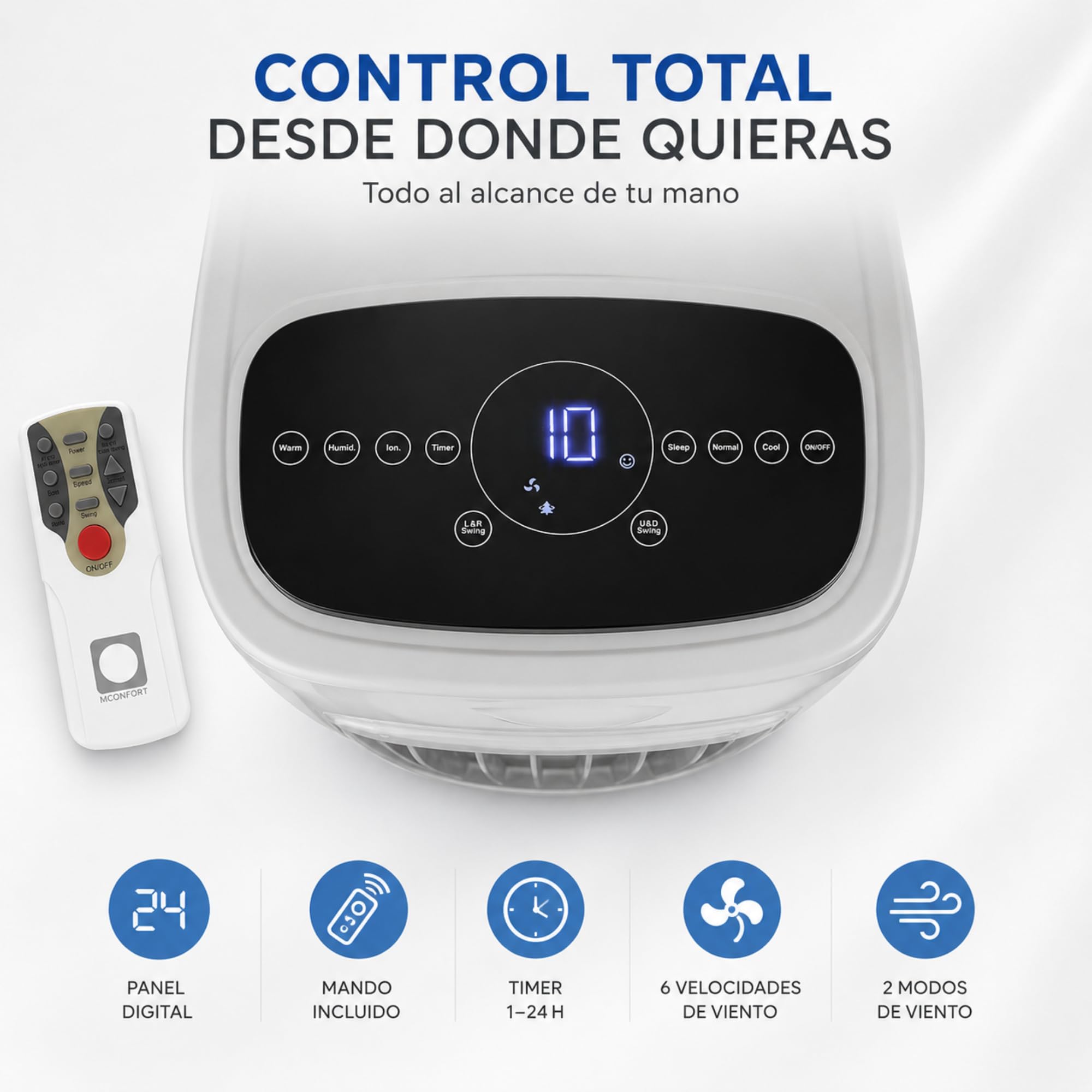 Vonala Climatizador Evaporativo con Calefacción E1100C – Enfriador de Aire Portátil 3 en 1, Depósito 10L, 6 Velocidades, Mando a Distancia, 130W, Cobertura 25m²