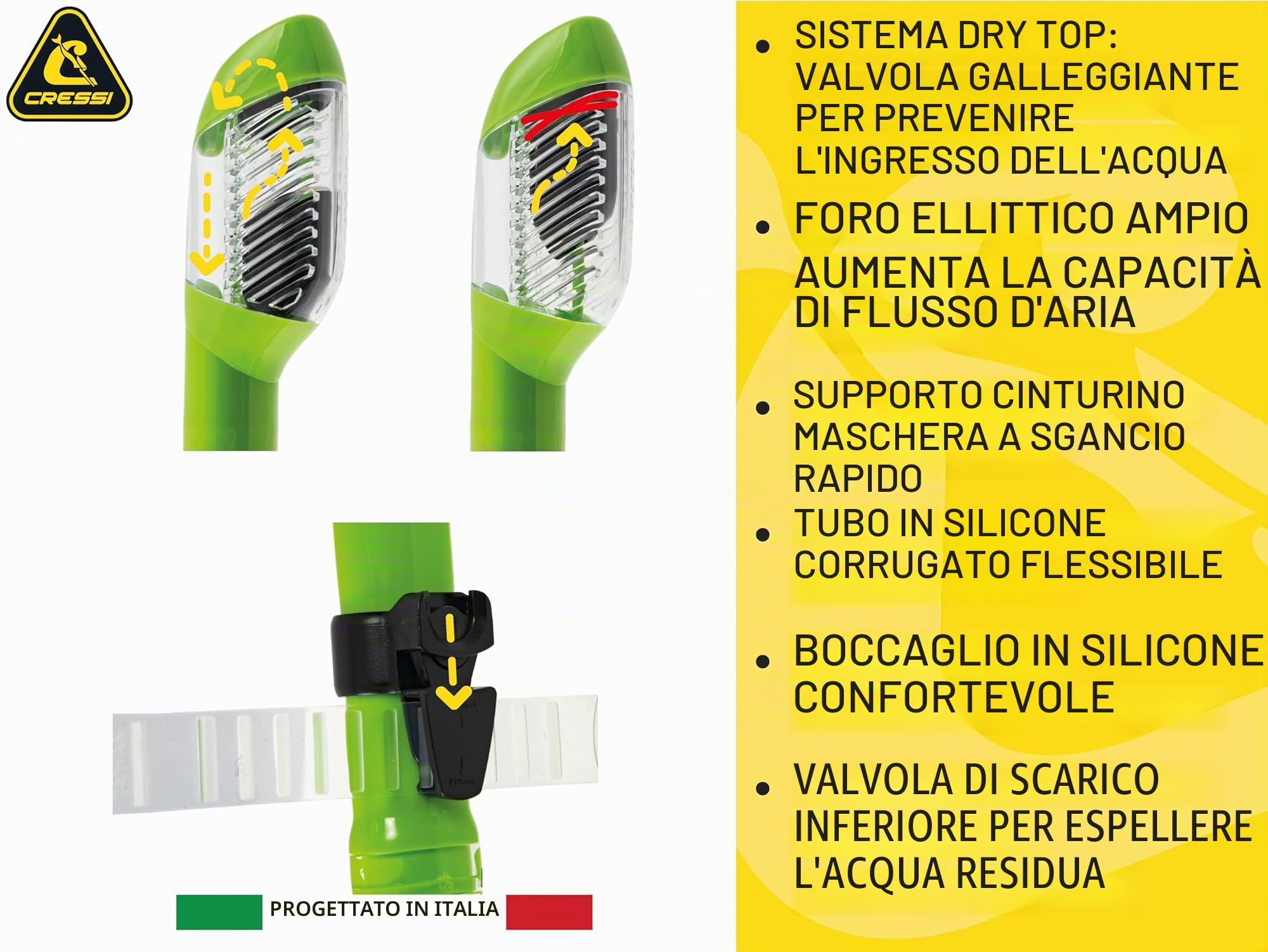 CRESSI Supernova Dry Snorkel con Valvola e Splash Guard per Snorkeling e Apnea, Boccaglio in Silicone con Valvola di Scarico e Aggancio Rapido