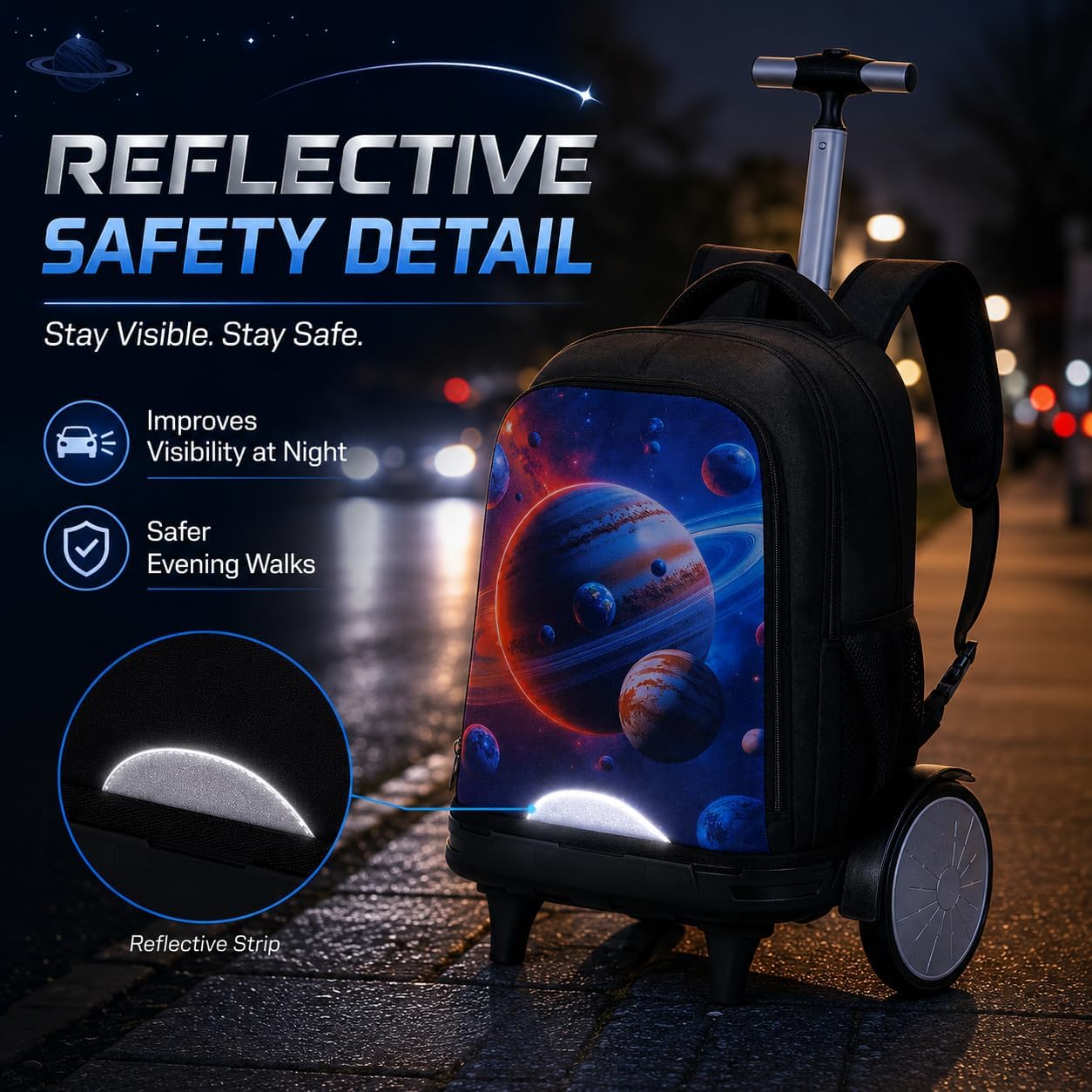 AGSDON Quiet Rolling Backpack with Lunch Box Set – Large‑Wheel Water‑Resistant Wheeled Bag for School, Outings, and Travel | Galactic Earth 3‑Piece Organizer Backpack image 3