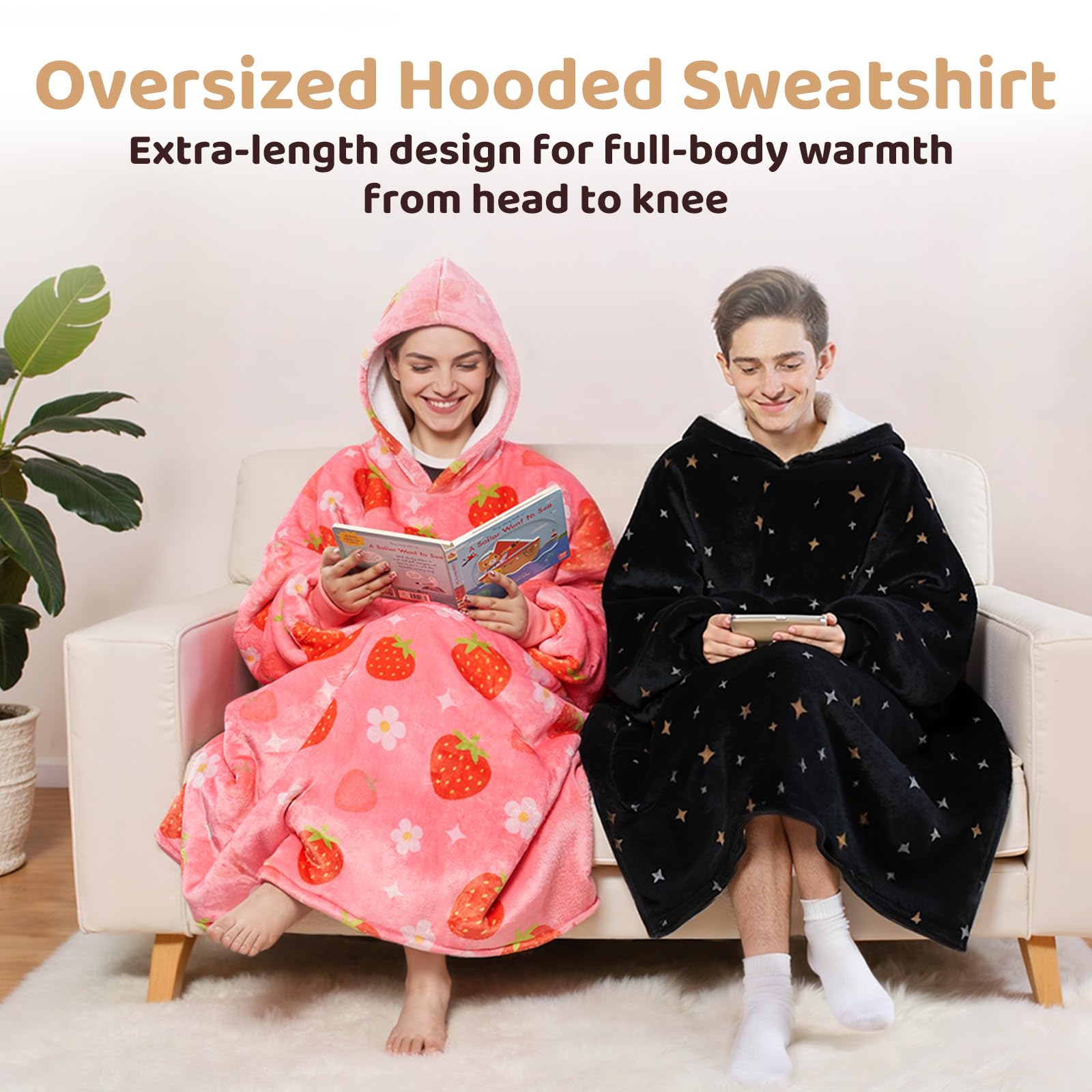 Mewaii Extra Long Oversized Wearable Blanket Hoodie, Super Soft Warm Cozy Flannel Sherpa Hooded Sweatshirt with Giant Pocket - Image 3