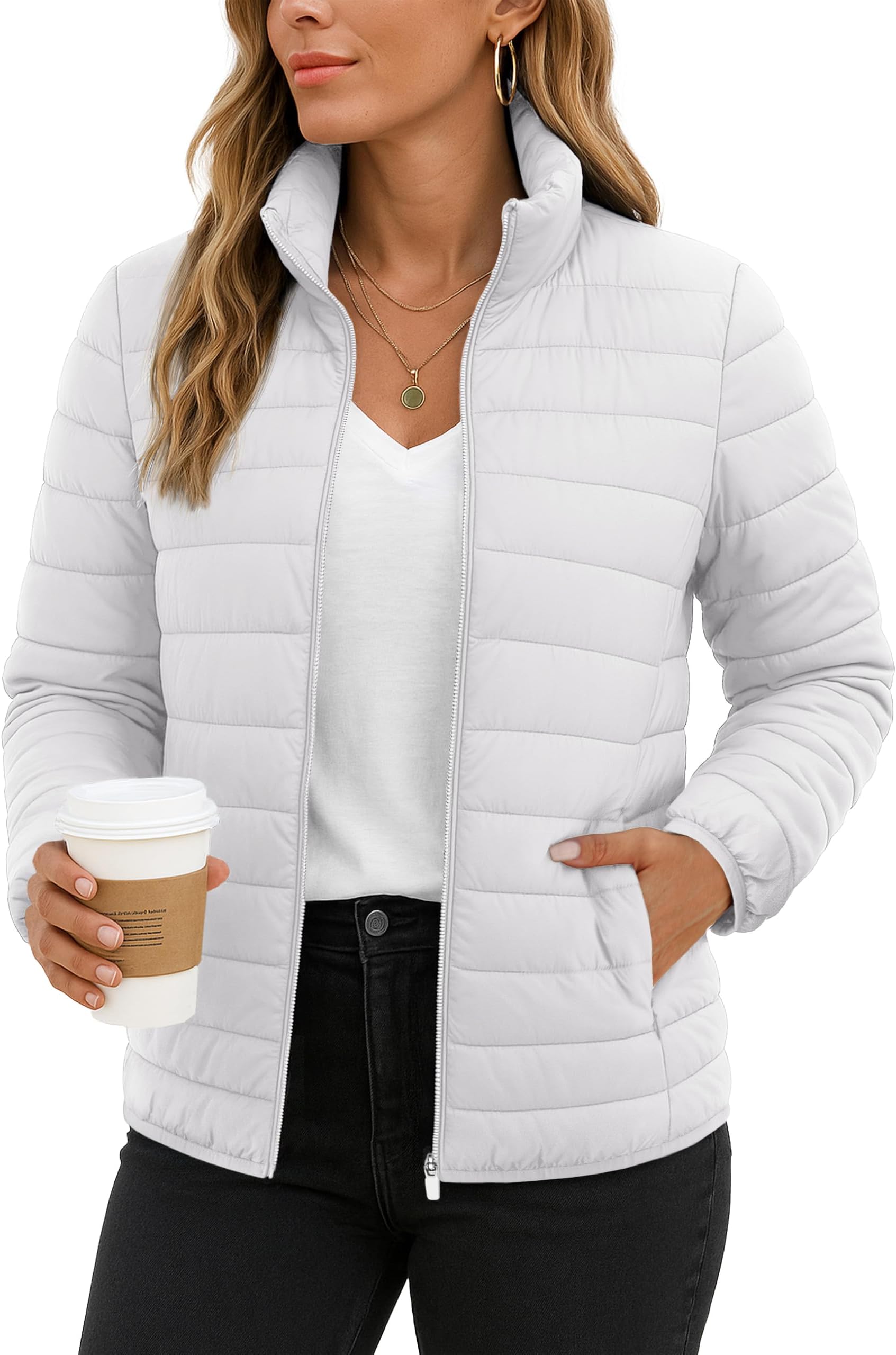Women's Puffer Jackets Quilted Packable Puffy Coats Lightweight Winter Warm Zip Up Down Jacket Stand Collar