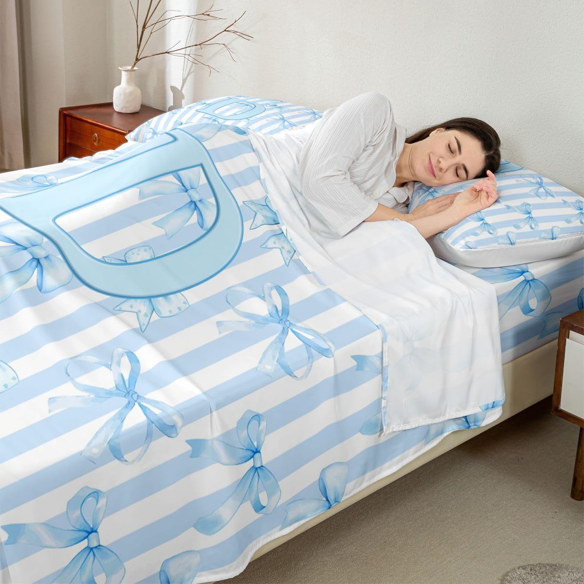Homewish Początkowa litera D kokarda alfabet niebieskie paski zestaw pościeli podwójna kokarda prześcieradła w paski kawaii zestaw prześcieradeł - marzycielska księżniczka dopasowane górne