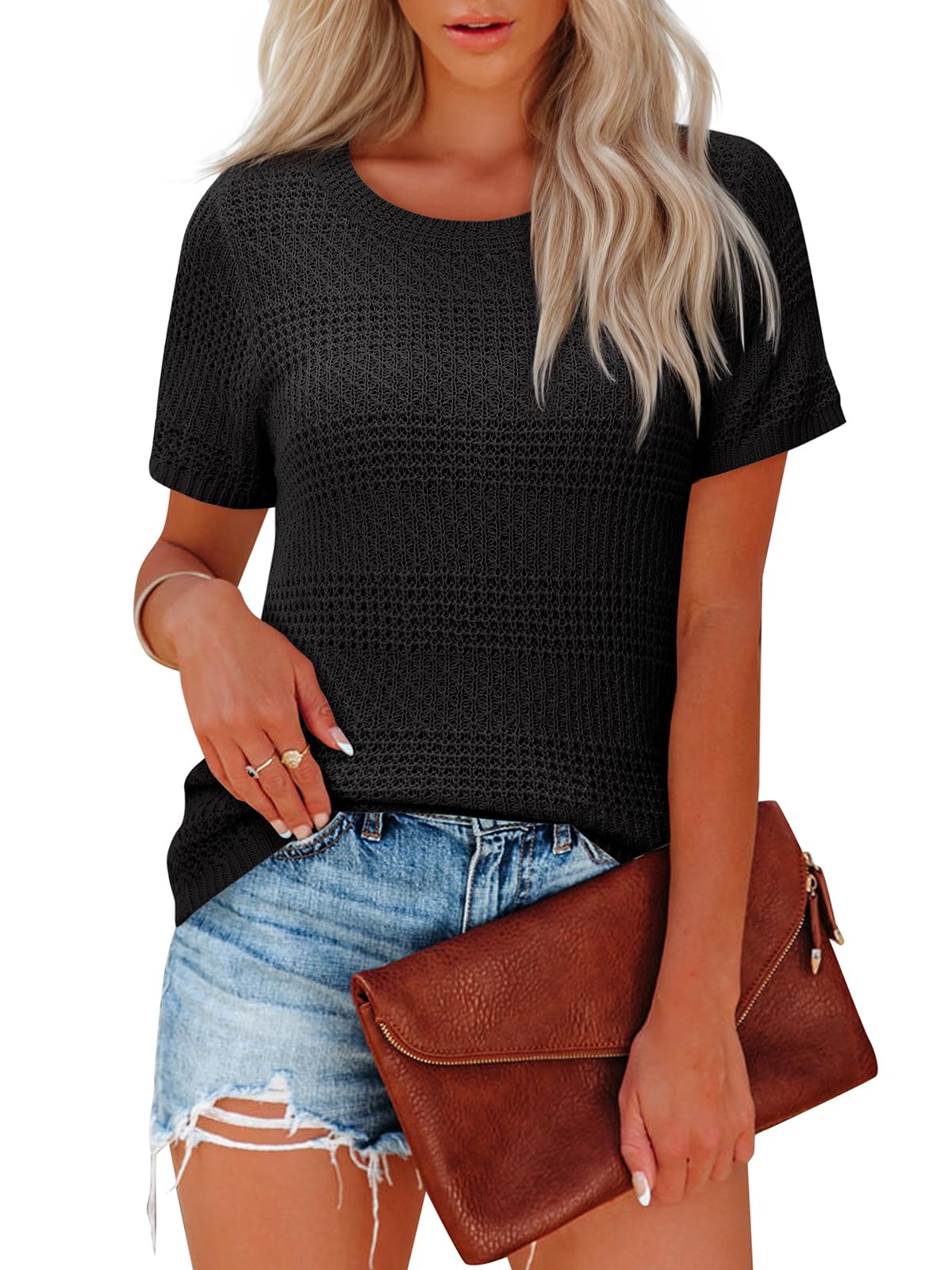Womens Spring Tops 2025 Summer Shirts Crochet Cap Sleeve Sweater Pullover Cute Beach Vacation Clothes