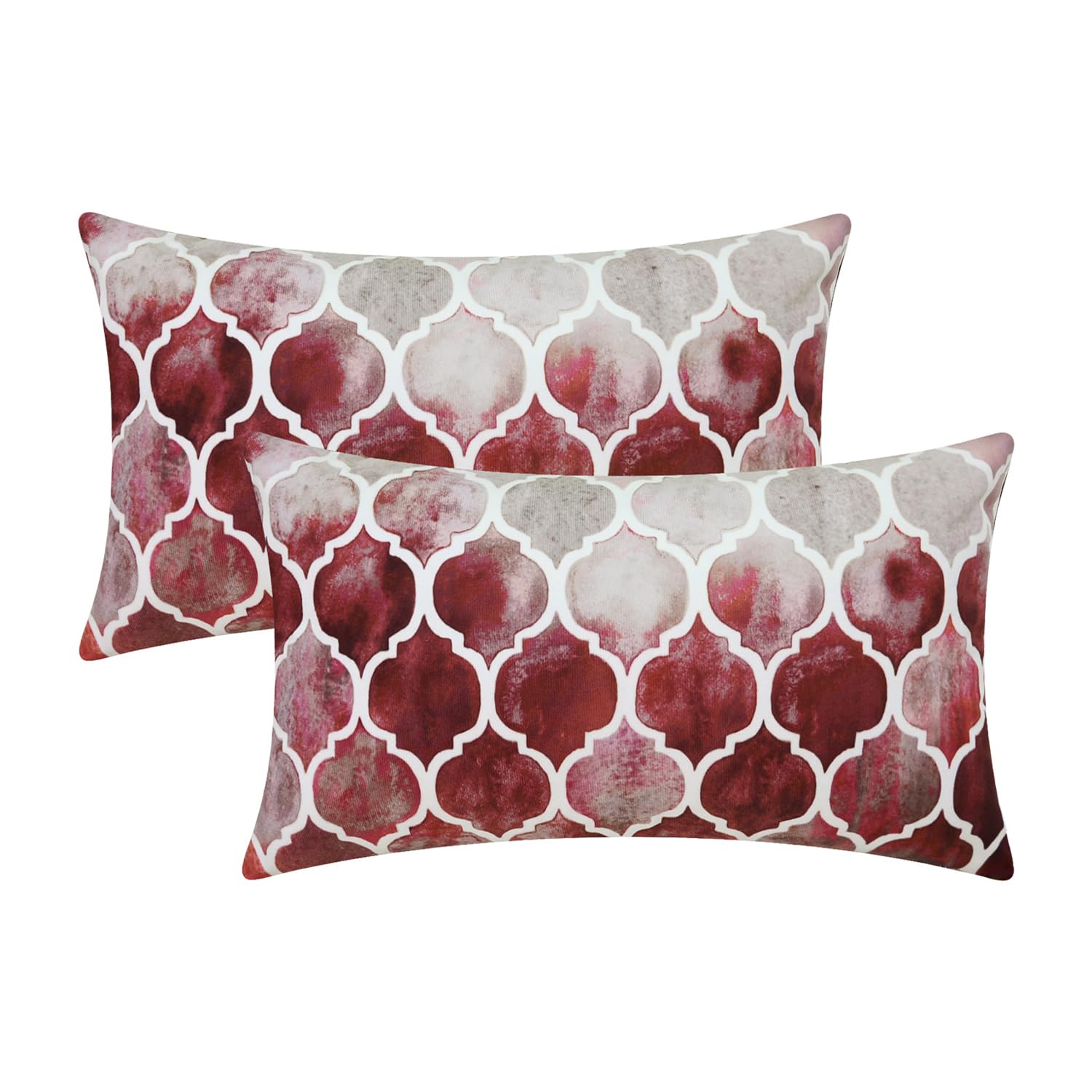 CaliTime Pack of 2 Cozy Bolster Pillow Cases Covers for Couch Bed Sofa Manual Hand Painted Colorful Geometric Trellis Chain Print 30cm x 50cm Main Grey Red Burgundy
