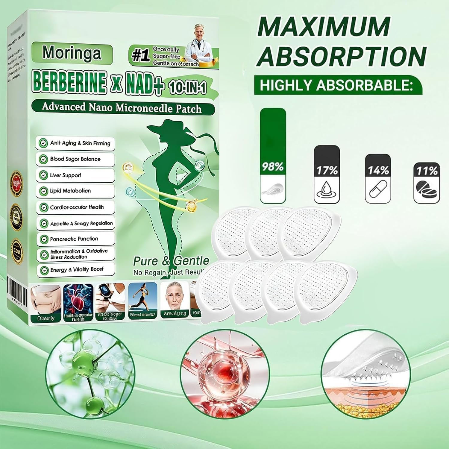 Moringa Patch, 10-in-1 Nano Microdarts Patch, Natural Formula for Women and Men Suitable for All Skin (2 Boxes/14Pcs) — view 3