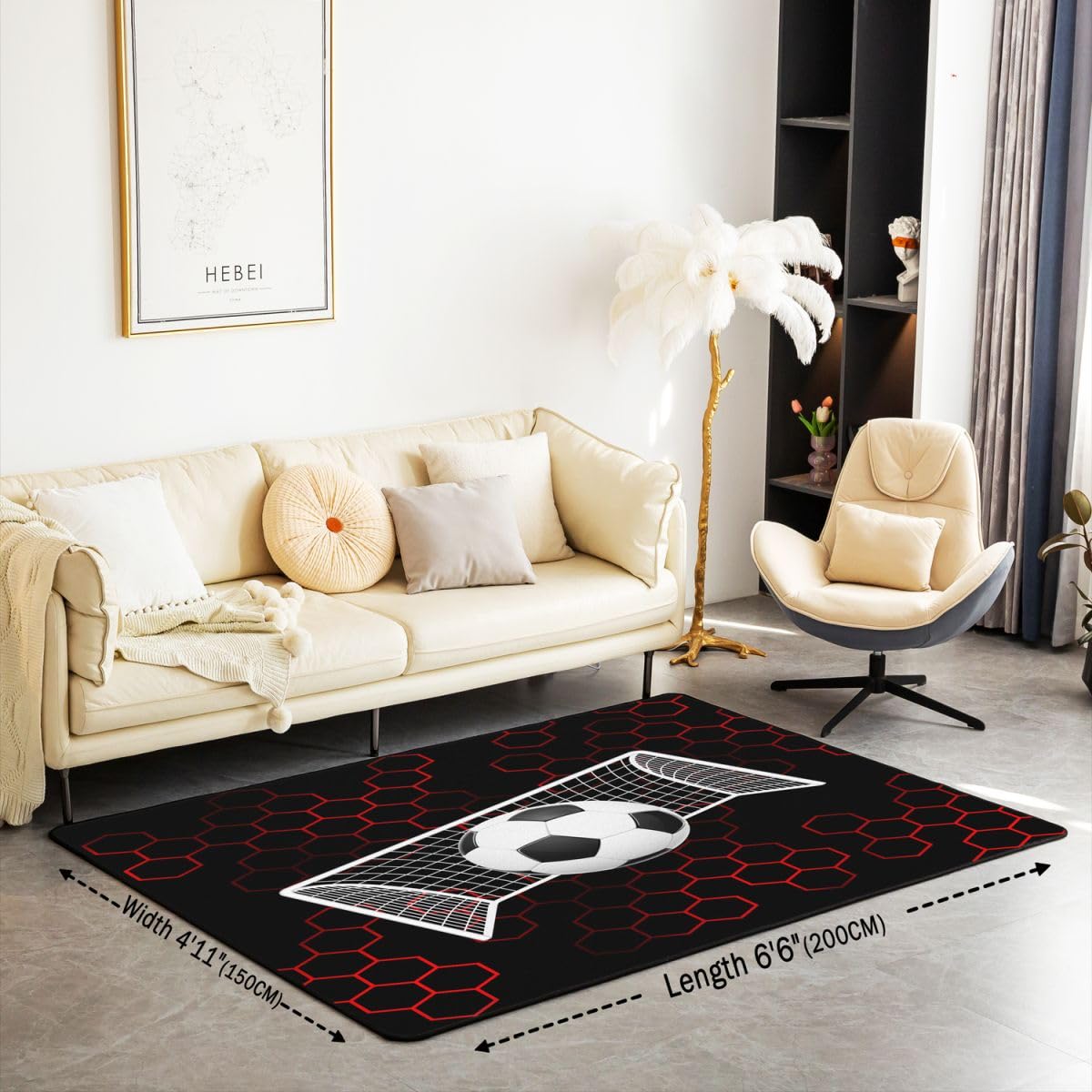 Dywan z siatką piłkarską, do salonu, 150 x 200 cm, piłka nożna 3D, sport, motyw sypialni, dywan dla chłopców i dziewczynek, geometryczny czerwony plac miodu, sześciokątna mata podłogowa