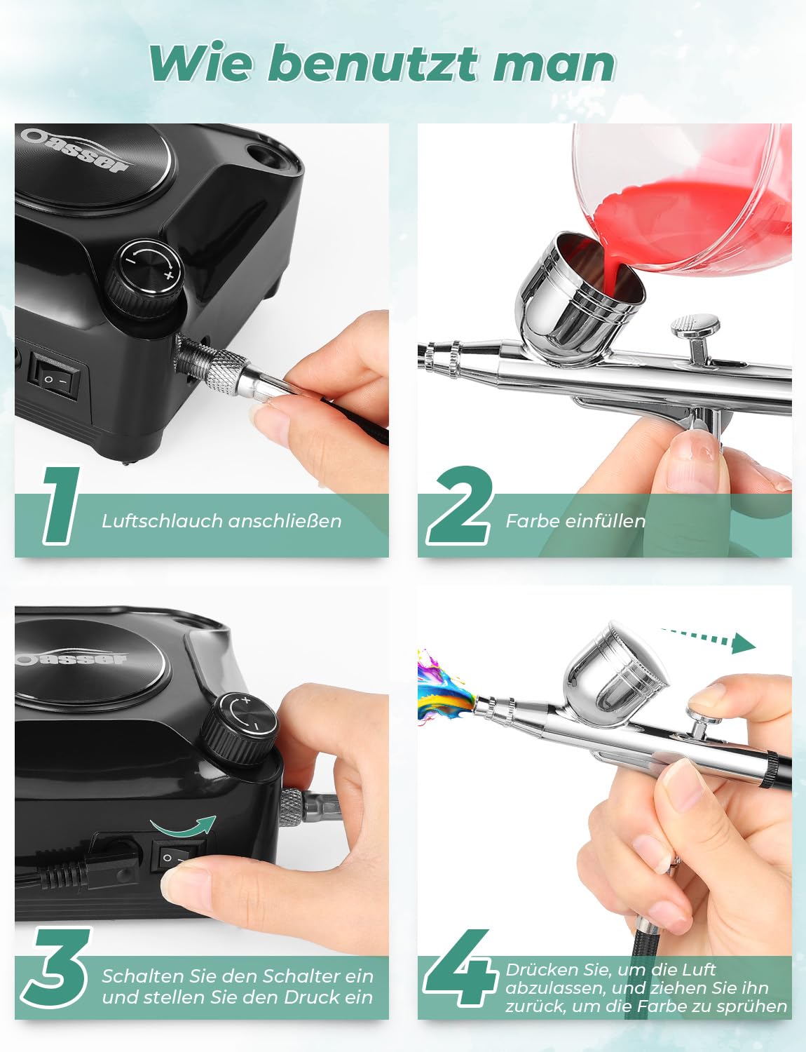 Oasser Airbrush Set 36 PSI Kompressor Double Action Pistole Zubehör Modellbau Make-up Autolackierung Schwarz