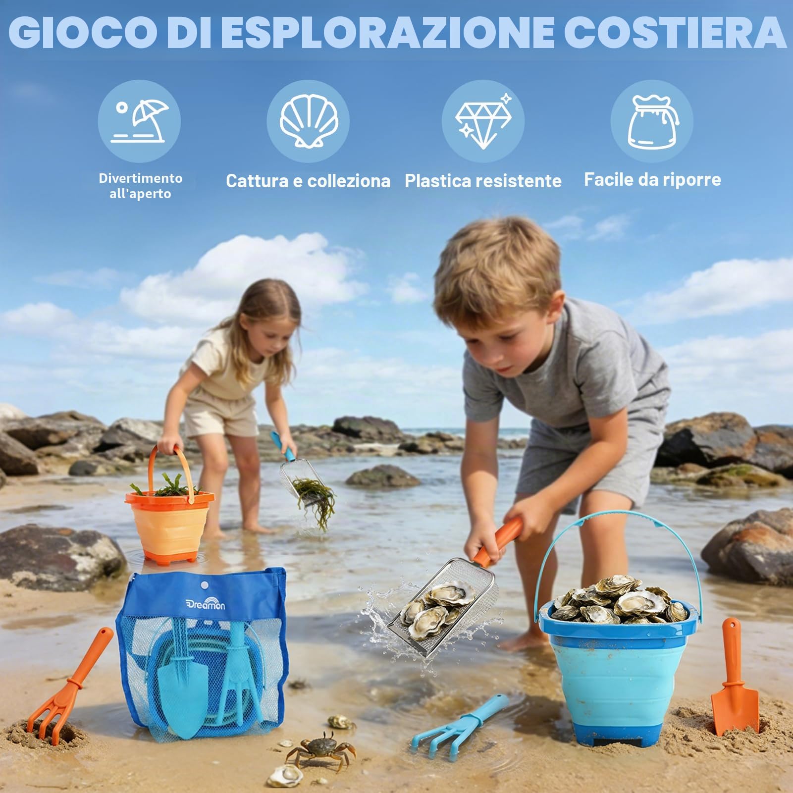 Dreamon Giochi Spiaggia Bambini Set 3 4 5 Anni con Secchiello Spiaggia Bambini Pieghevole Sacco a Rete Setaccio per La Sabbia Pala e Rastrello Giocattoli Regalo Esterno per Bambini e Bambine