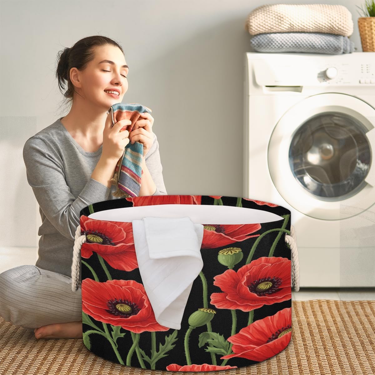 Large Storage Baskets - Poppy Floral Nursery Round Collapsible Organizer Bin Box, Laundry Hamper for Kids Toys, Blanket, Bedroom Living Room Home Decor, Gift Basket, 19.4"x13.3"