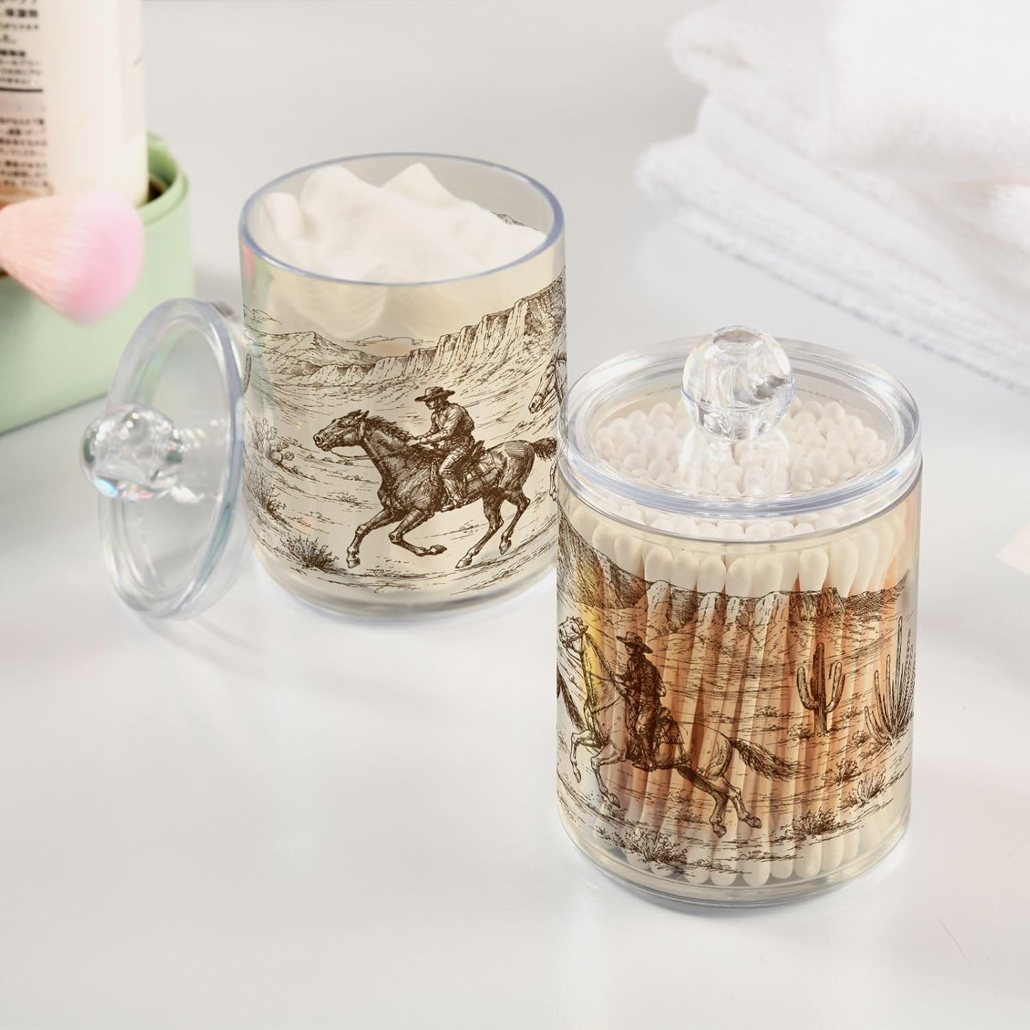 Blueangle 2PCS American West Cowboy Qtip Holder Dispenser with Lids - Apothecary Jar Containers for Vanity Organizer Storage - Plastic Food Storage Canisters image 4