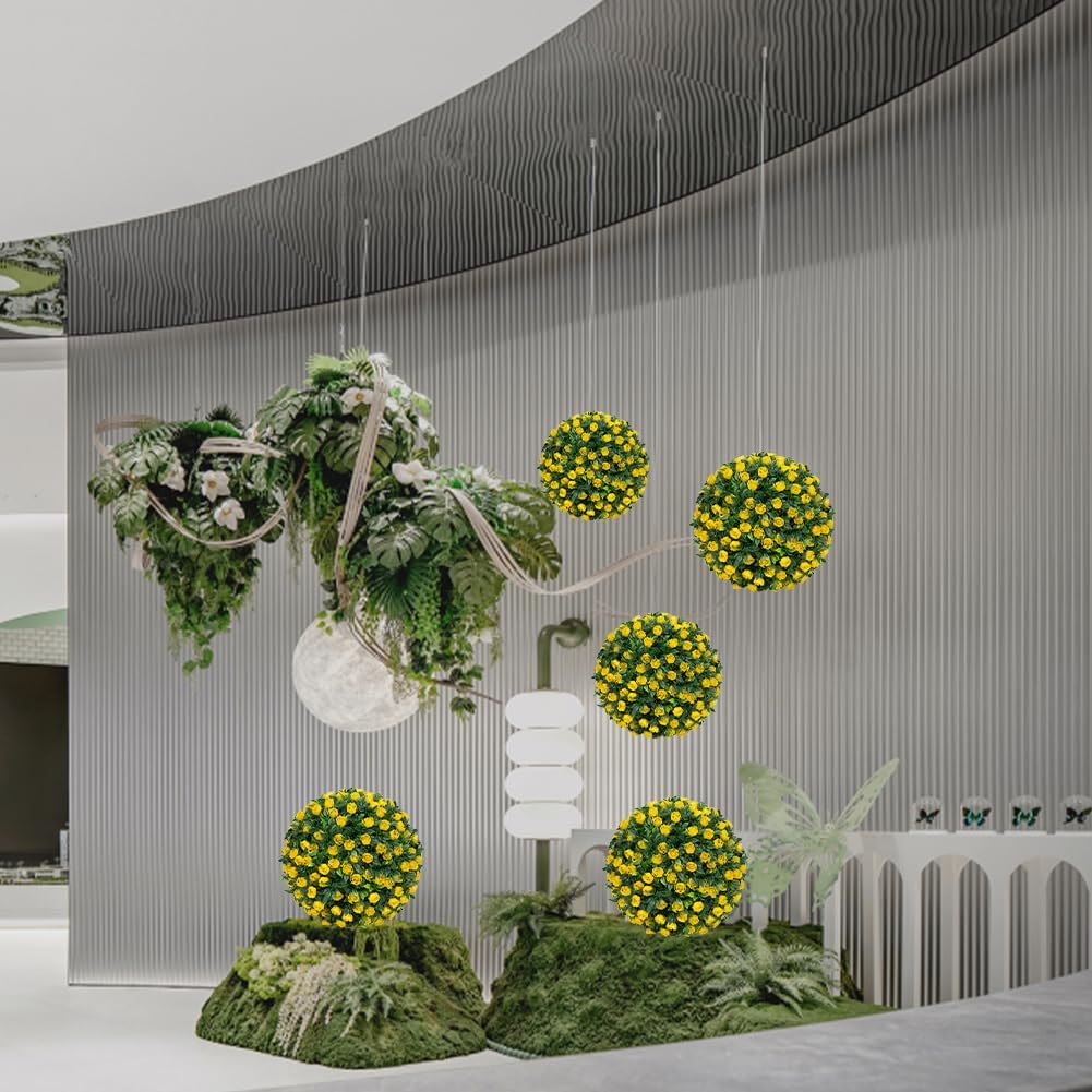 Artificial Flower Topiary Ball Set of 2, Rose Flower Boxwood Balls Plant, UV Resistant Faux Boxwood Decorative Balls for Backyard Balcony Garden Wedding Outdoor Home Décor (Yellow, 13in)