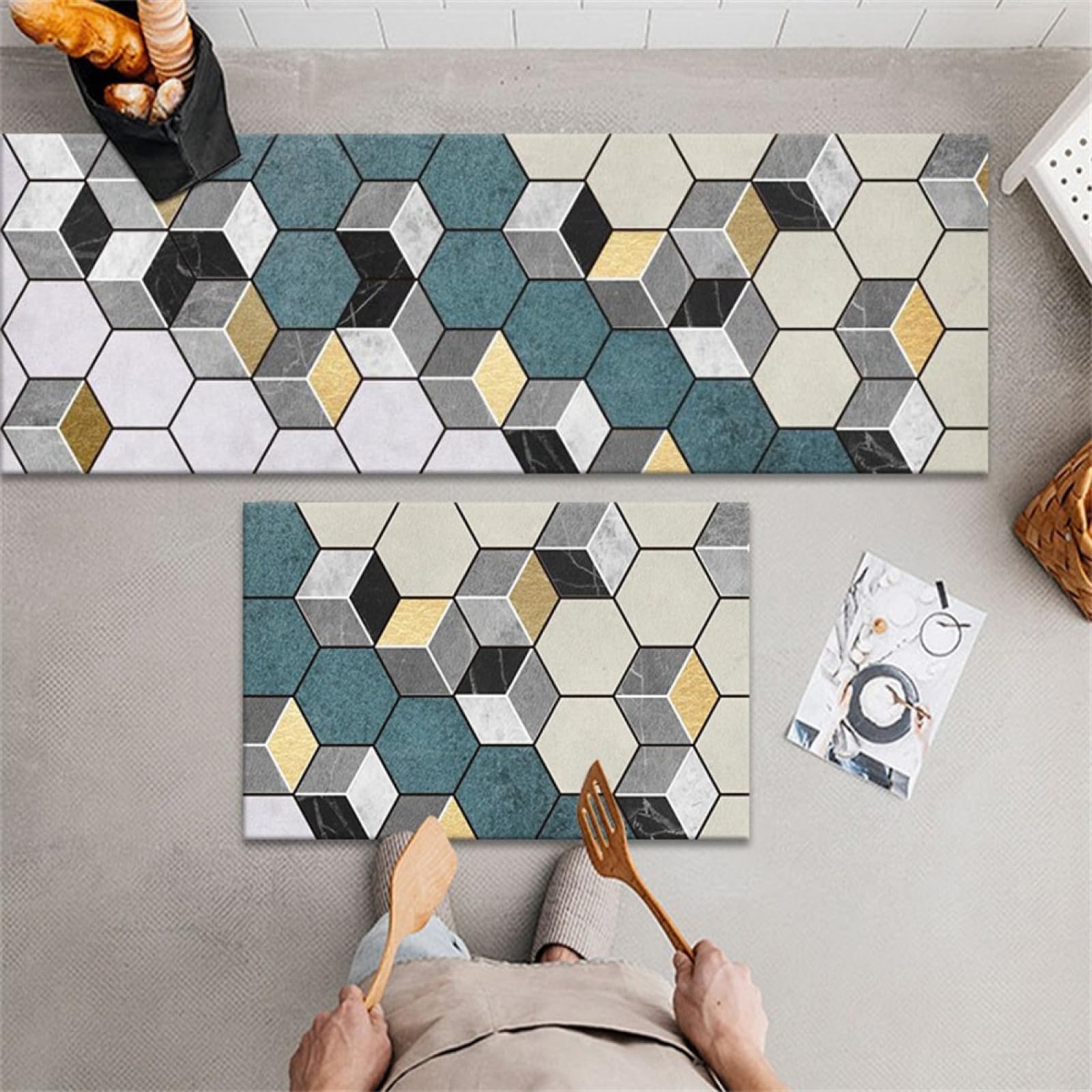 KüChenläUfer KüChenmatte 45x120cm, KüChenteppich Waschbar rutschfest, Teppich LäUfer Flur FußMatte Badematten, Wasser öL Aufnehmen Teppich KüChe Set für KüChe Wohnzimmer, Badezimmer Geometric
