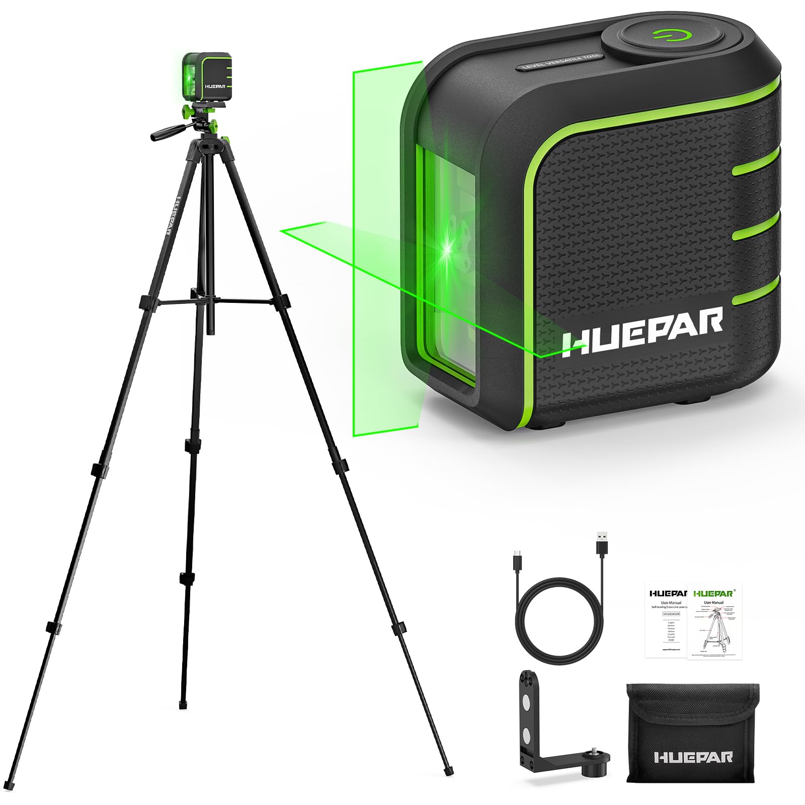 Huepar Livella Laser Verde Autolivellante con Treppiede 150 cm – U011GTP | Linee Incrociate,Resistente a Cadute da 100cm,Base Magnetica 360°,Modalità Impulso 50m per Piastrellisti e Ristrutturazioni