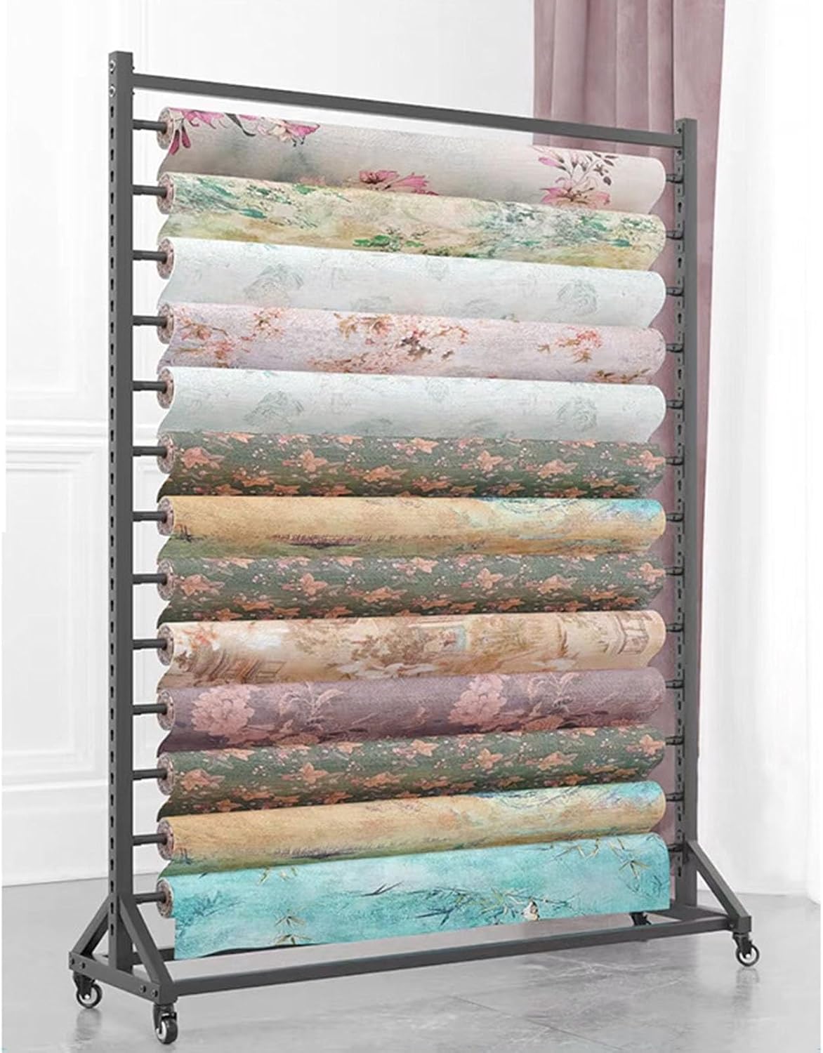 Commercial Metal Vinyl Holder & Fabric Roll Storage Rack, 86-Layer Organizer with Removable Crossbar for Ribbons, Shawls, and Wrapping Paper - Space-Saving Display Solution