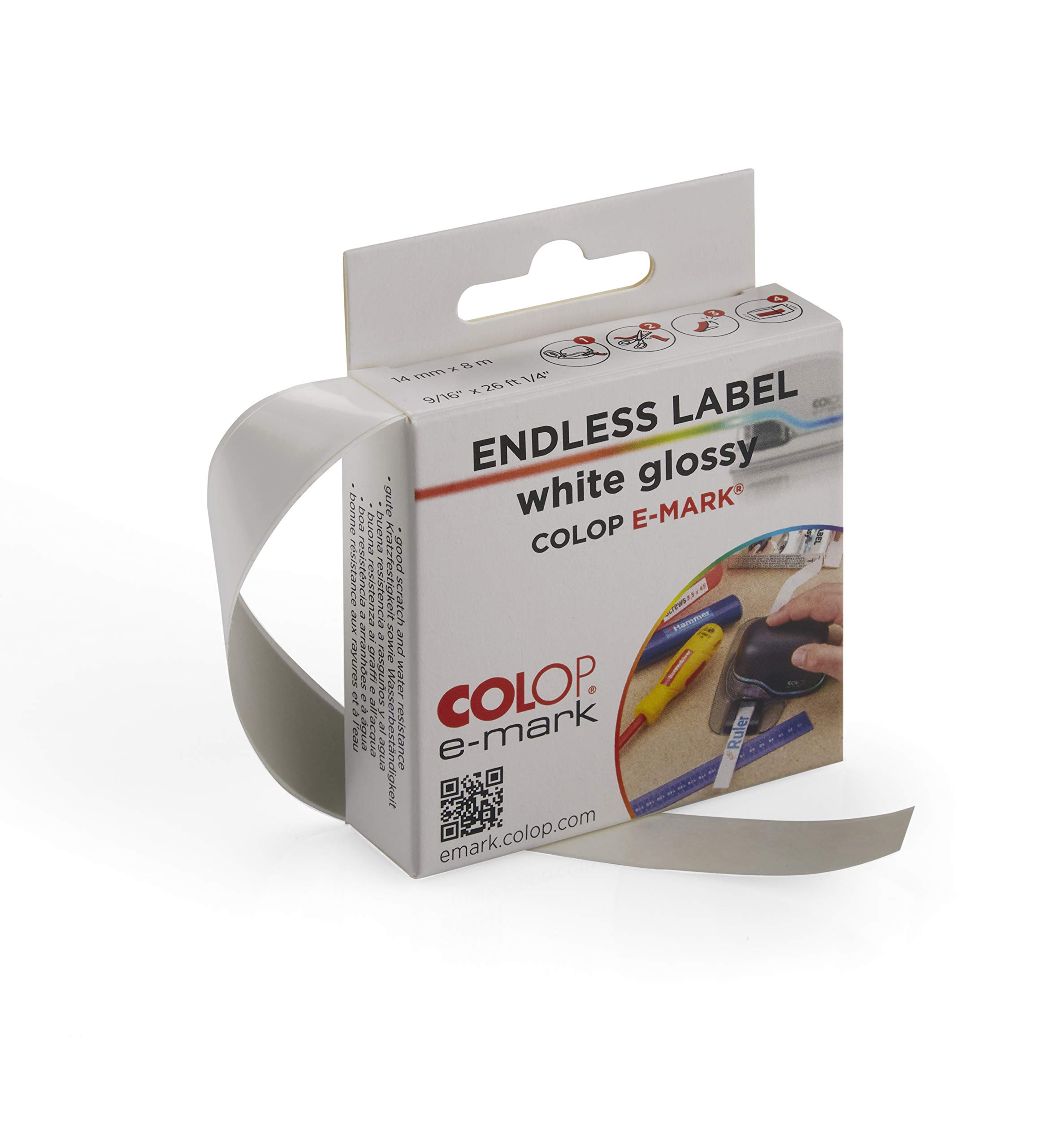 COLOP e-mark - Etiquetas continuas blancas brillantes, rollo de 14 mm x 8 m, resistente a salpicaduras y arañazos. Accesorios para COLOP e-mark, e-mark create y e-mark go.