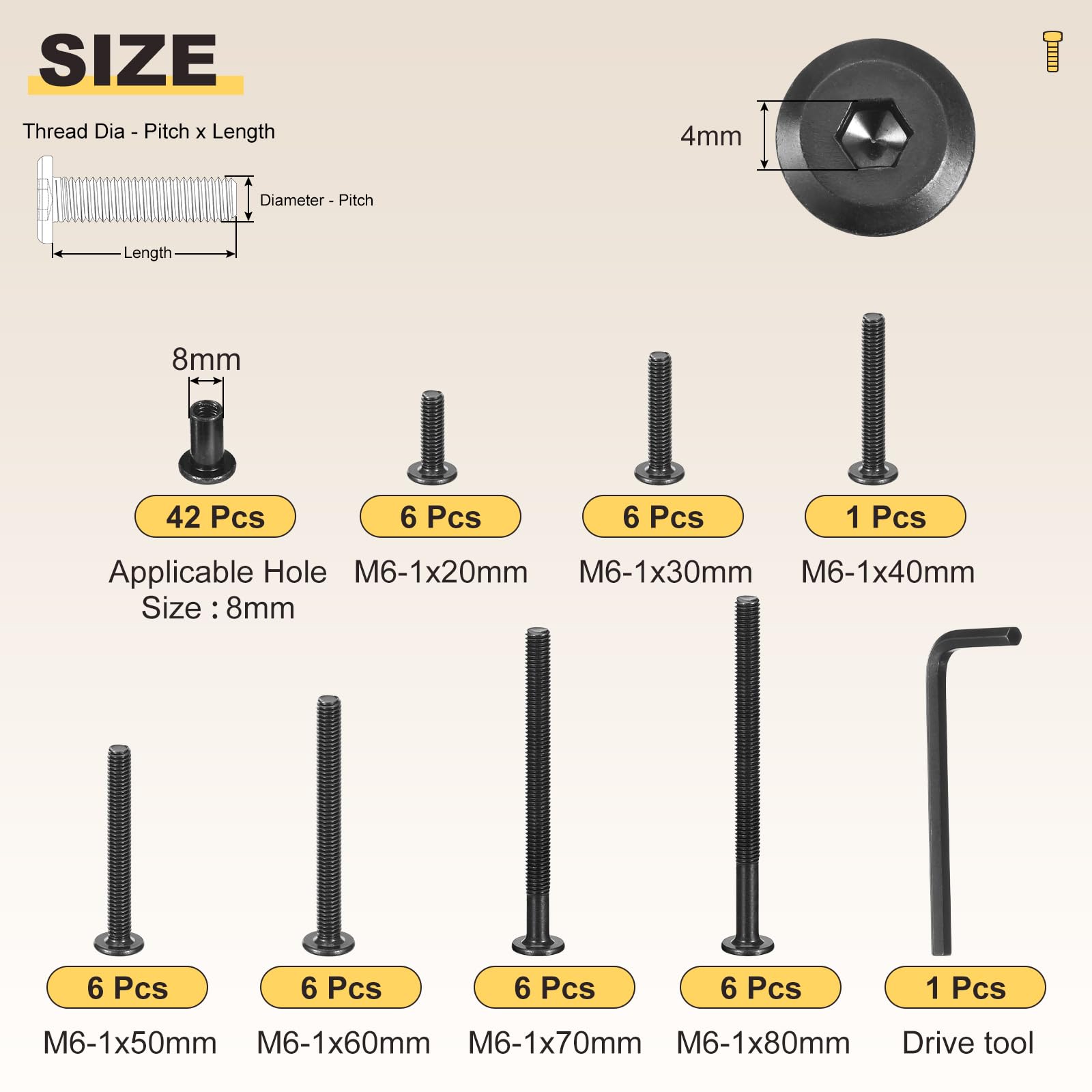 METALLIXITY Furniture Connector Bolt Cap Nut Kit with Wrench(M6-1x20/30/40/50/60/70/80mm) 85Pcs - Image 2