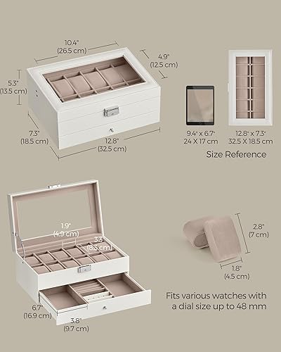 Vista 34 de SONGMICS Caja de reloj, organizador de 20 ranuras para reloj con tapa de vidrio grande, almohadas extraíbles, cerradura de metal, regalo para seres
