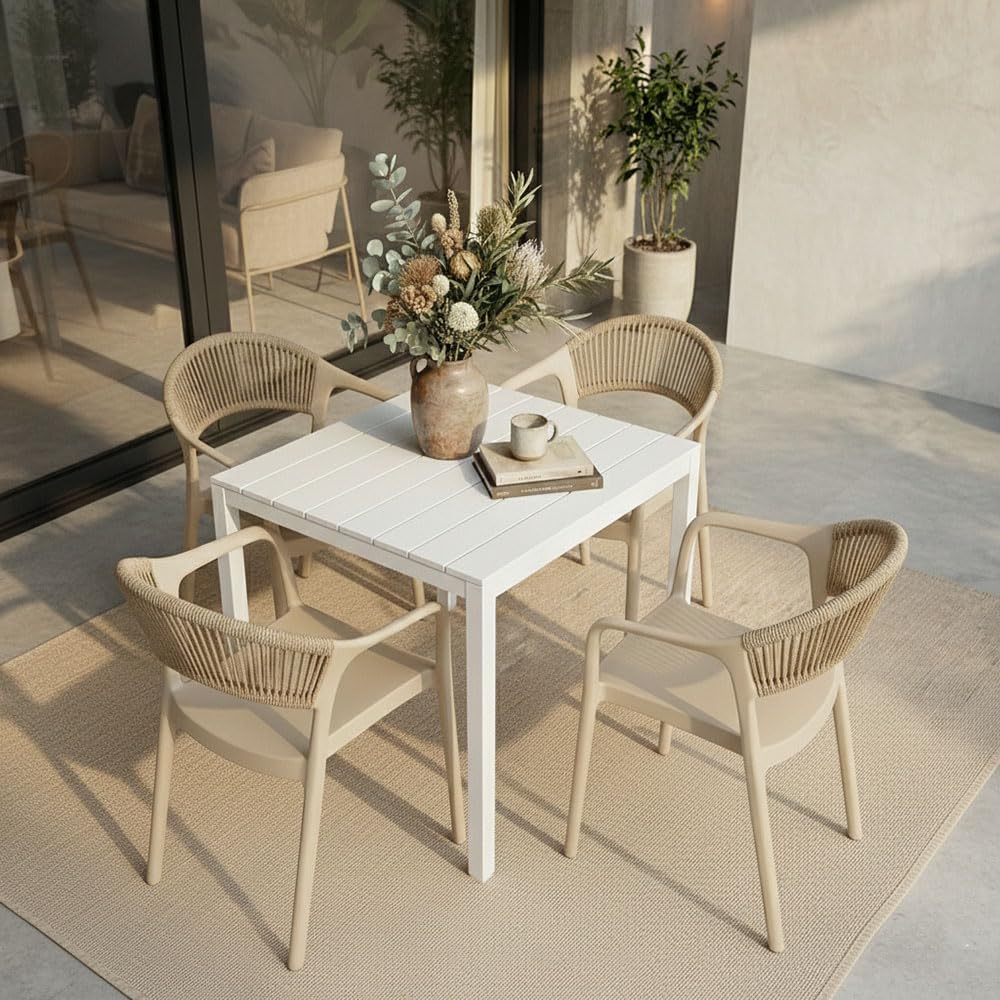 SIEDITI FUORI E DENTRO Sedie impilabili in polipropilene con fibra di vetro per esterno/giardino con schienale in corda, idrorepellenti e resistenti, design moderno - Jolanda (6, Crema)