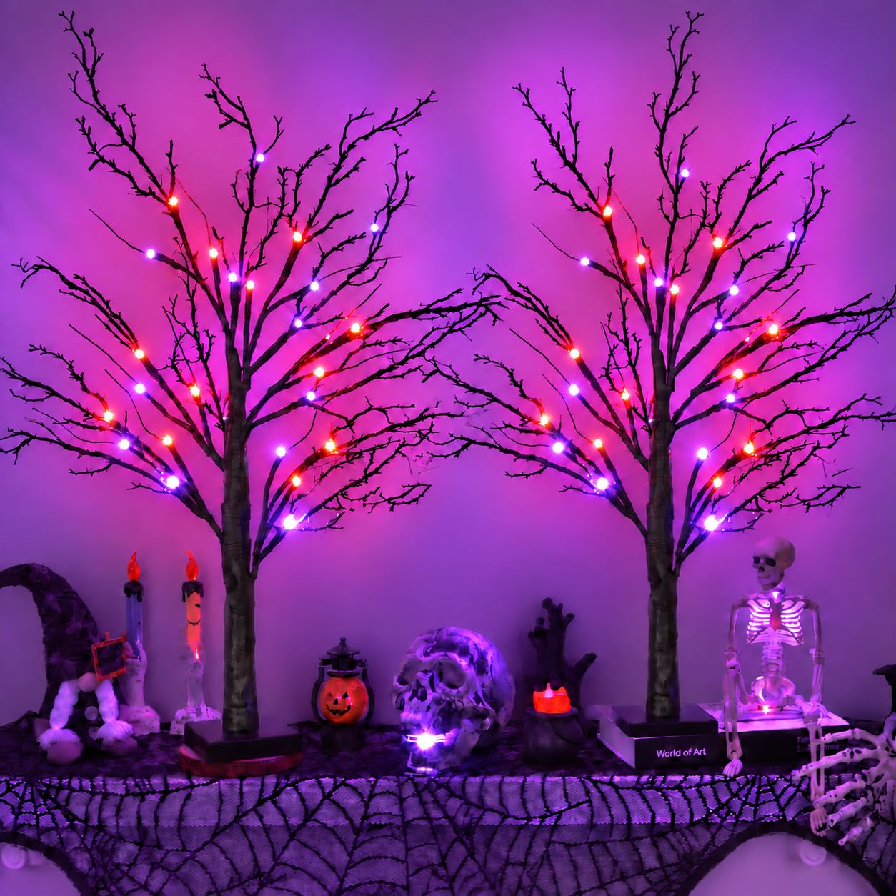 [Timer] 2 Pack Halloween Decorations Indoor, 24 Inch Lighted Black Halloween Tree with 24 Orange &amp; Purple Lights, USB or Battery Powered Spooky Tabletop Tree for Home, Party, Fireplace &amp; Holiday Decor
