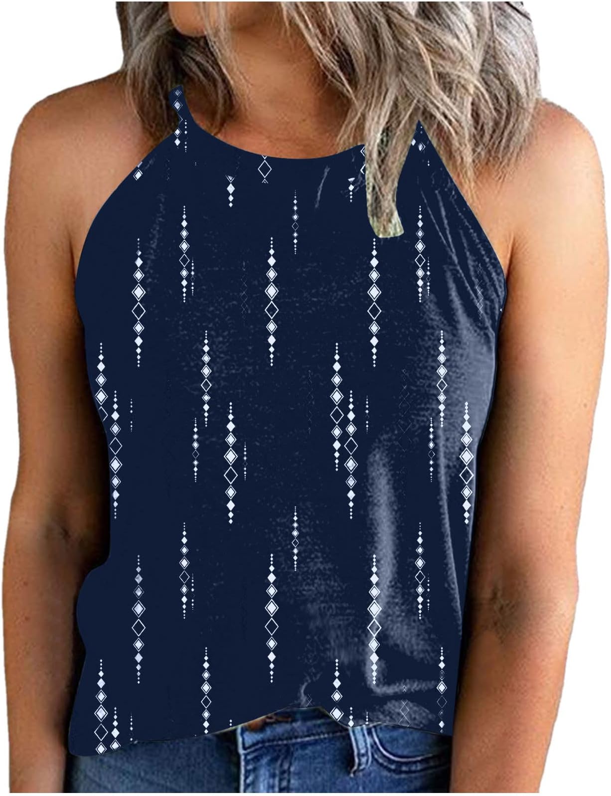 HAOLEIHalter Neck Tops for Women UK Sale Clearance Argyle Top Summer Sleeveless Vest Tops Loose Fit Printed Elegant Cami Shirt Pleated T Shirts Casual Blouses Tunics Camisole Tank Top Size 8-16