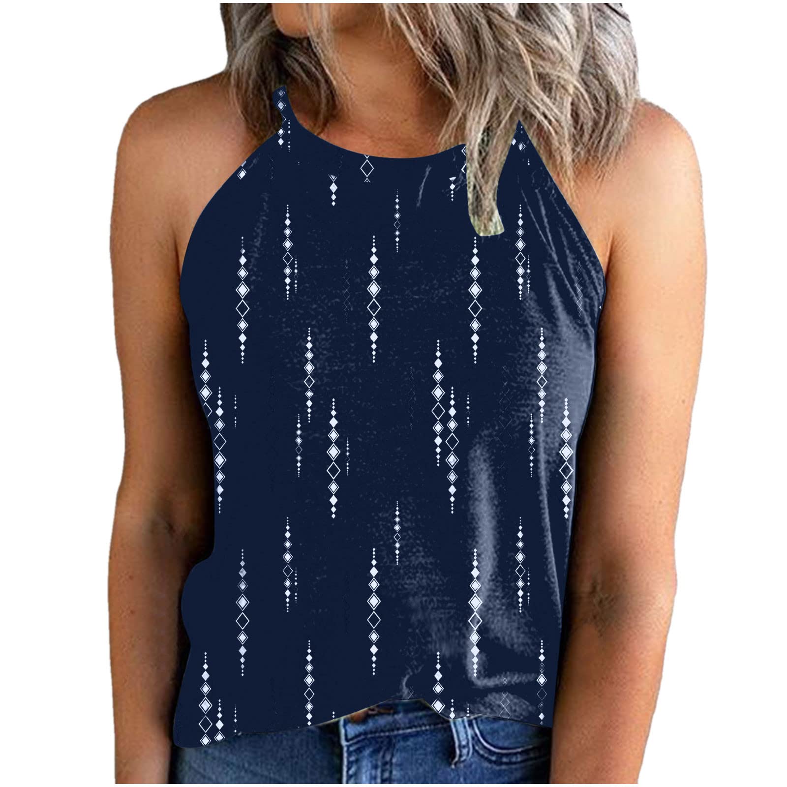 HAOLEIHalter Neck Tops for Women UK Sale Clearance Argyle Top Summer Sleeveless Vest Tops Loose Fit Printed Elegant Cami Shirt Pleated T Shirts Casual Blouses Tunics Camisole Tank Top Size 8-16