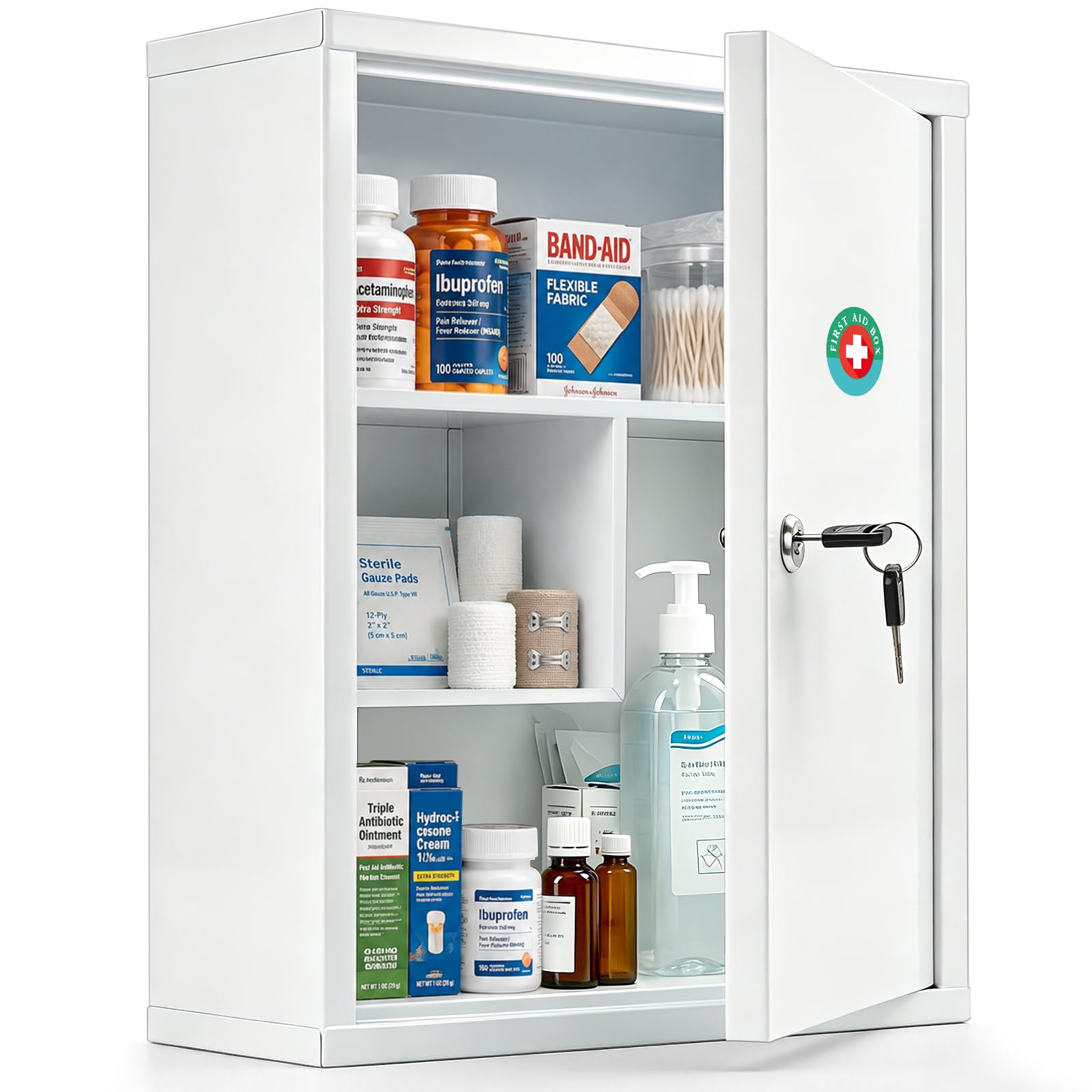 KYODOLED Botiquín de pared con bloqueo, botiquín de primeros auxilios de gran capacidad para baño, botiquín con llave, caja de bloqueo de acero segura para medicamentos, 15.75 pulgadas de alto x 11.82
