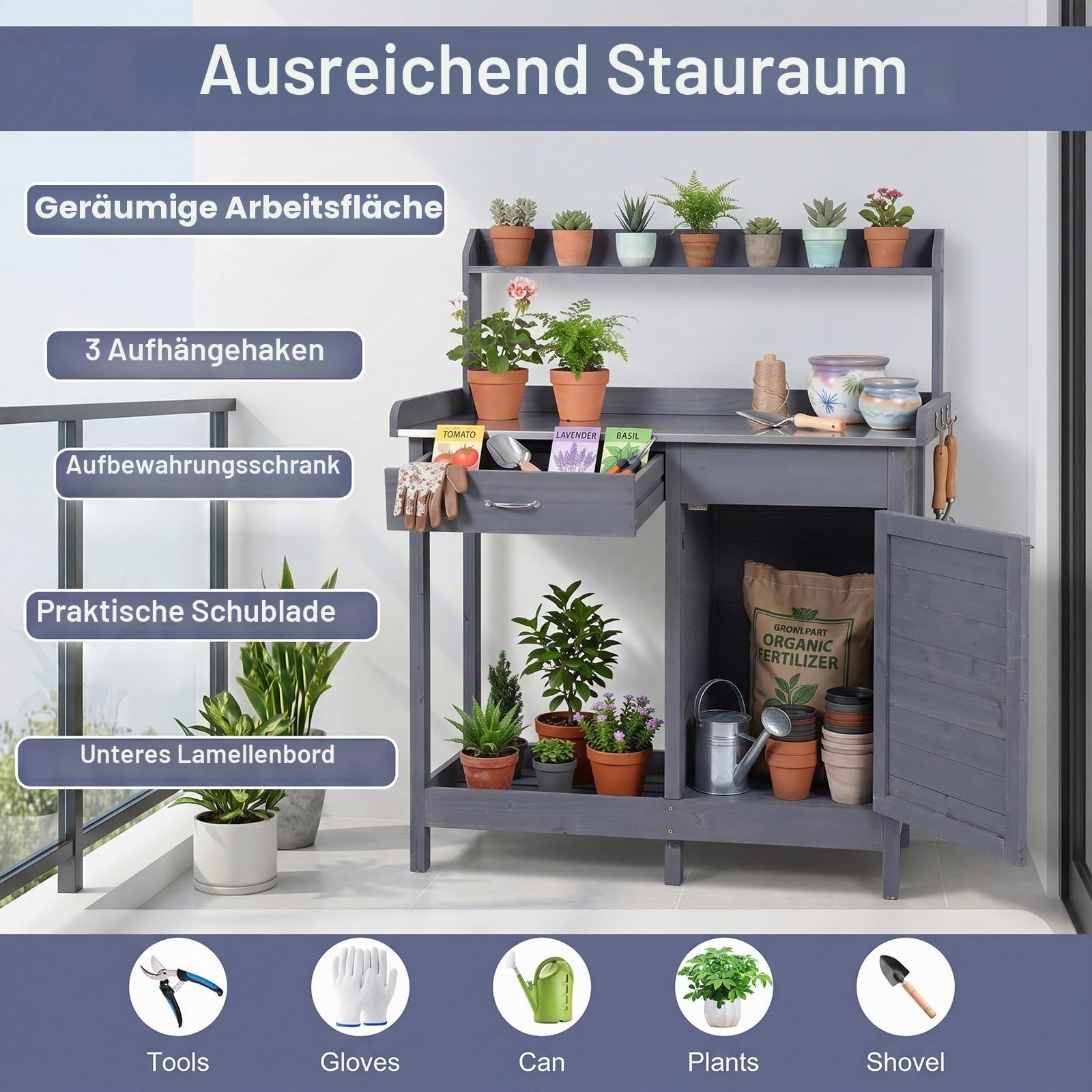 RELAX4LIFE Pflanztisch Outdoor, Gartentisch Holz mit Schubladen, Unterschrank, Edelstahlplatte & Haken, Gartenschrank Wetterfest, Gartenarbeitstisch für Garten & Balkon, 112 x 46,5 x 125 cm (Grau)