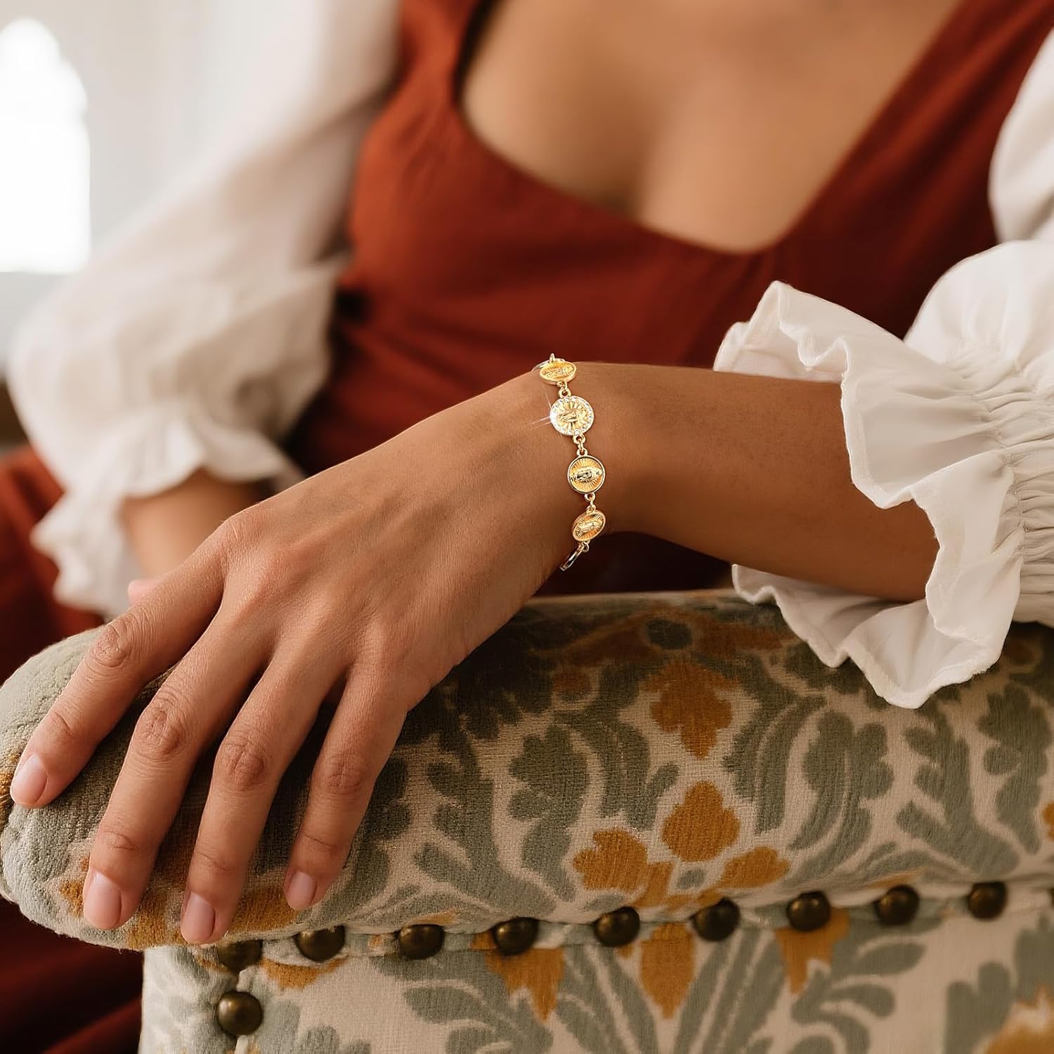 Women's Gold Virgin Mary Bracelet - 14K Gold Plated Catholic Bracelets,Non Tarnish Adjustable Golden Religious Virgen De Guadalupe Jewelry, Catholic Baptism Confirmation First Communion Gifts for Her - Image 2