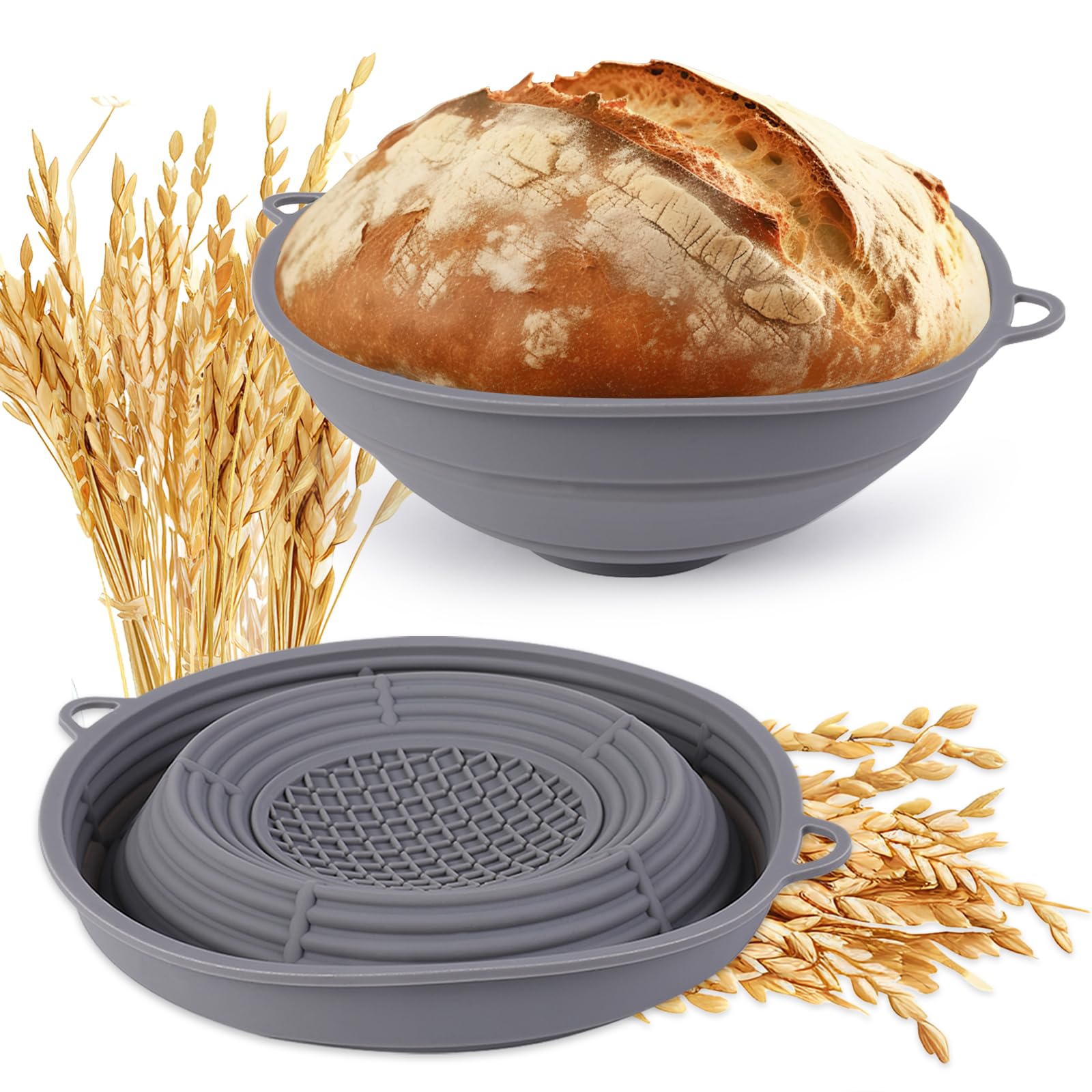 Silicone Bread Proofing Basket, 10.2 Inch Silicone Proofing Baskets for Sourdough Bread Baking, Round Collapsible Oven Banneton Dough Bowl with Handle for Home Bakers Bread Baking, Grey