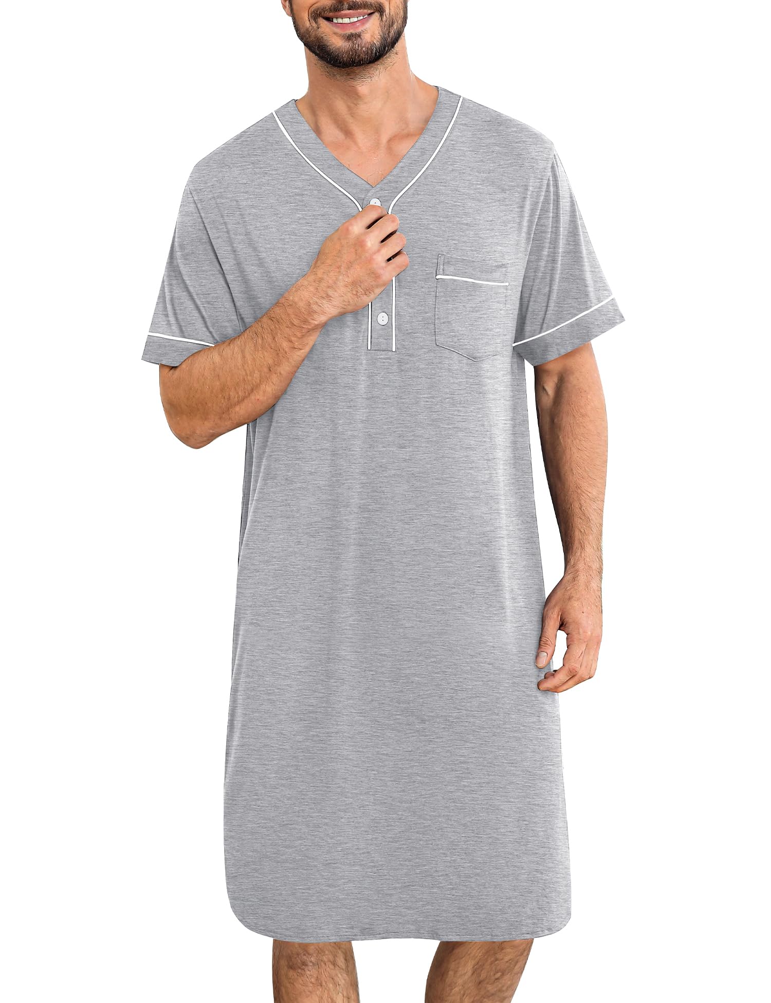 SWOMOG Mens Nightgown Short Sleeve Lounge Sleep Henley Shirt