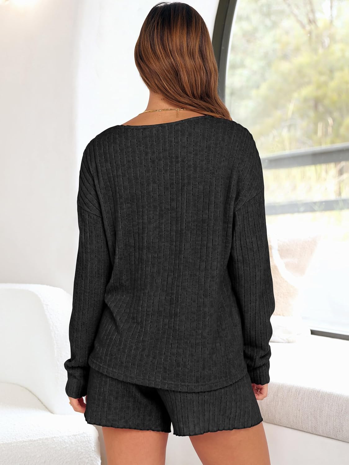 ANRABESS Women's 2 Piece Lounge Pajama Sets Casual Ribbed Long Sleeve Top Matching Shorts Sleepwear PJ Set 2025 Fall Outfits - Image 4