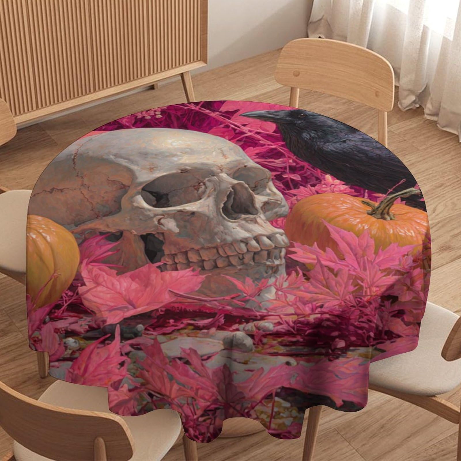 LUYYSKY Funny Abstract Halloween Raven Round Tablecloth Gothic Watercolor Skull Skeleton Animal Crow Pumpkins Washable Decor for Table Cover for Kitchen-91.4" Wx91.4 L cm